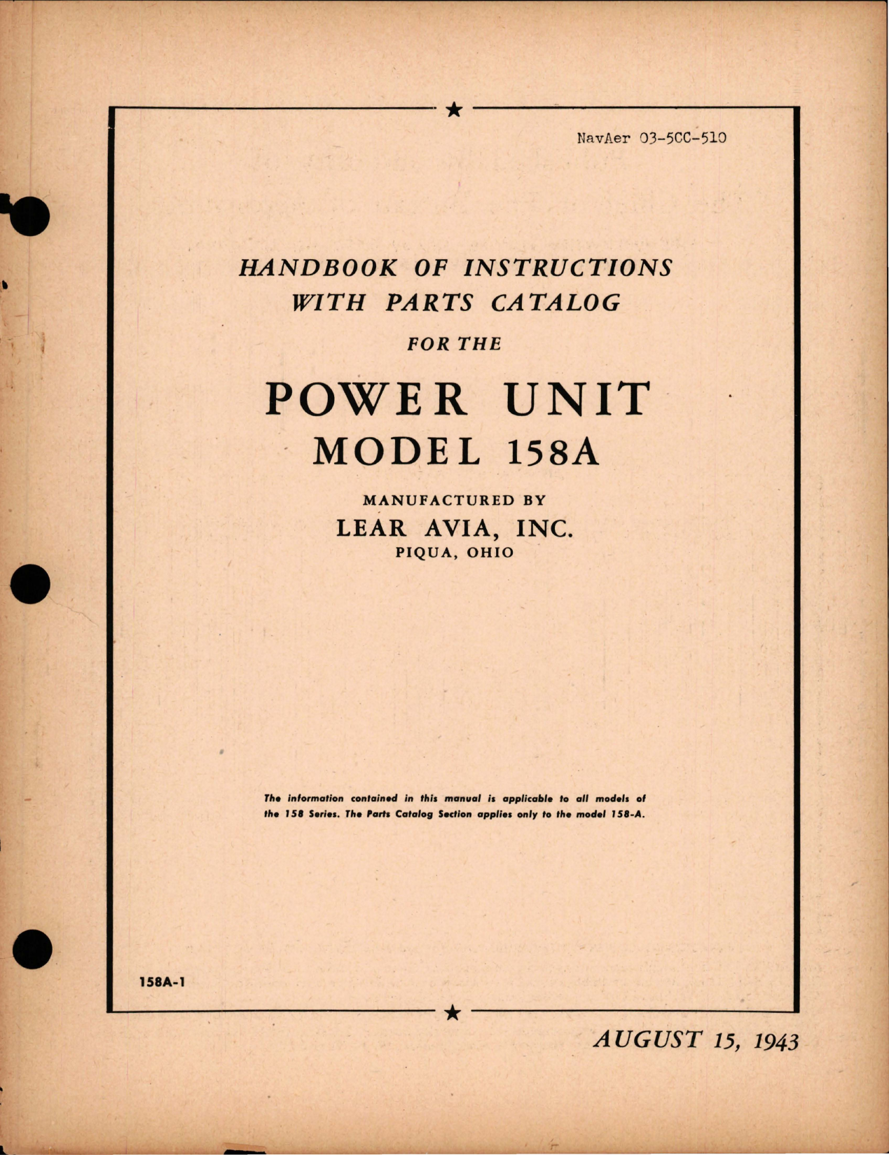 Sample page 1 from AirCorps Library document: Instructions with Parts Catalog for the Power Unit - Model 158A 