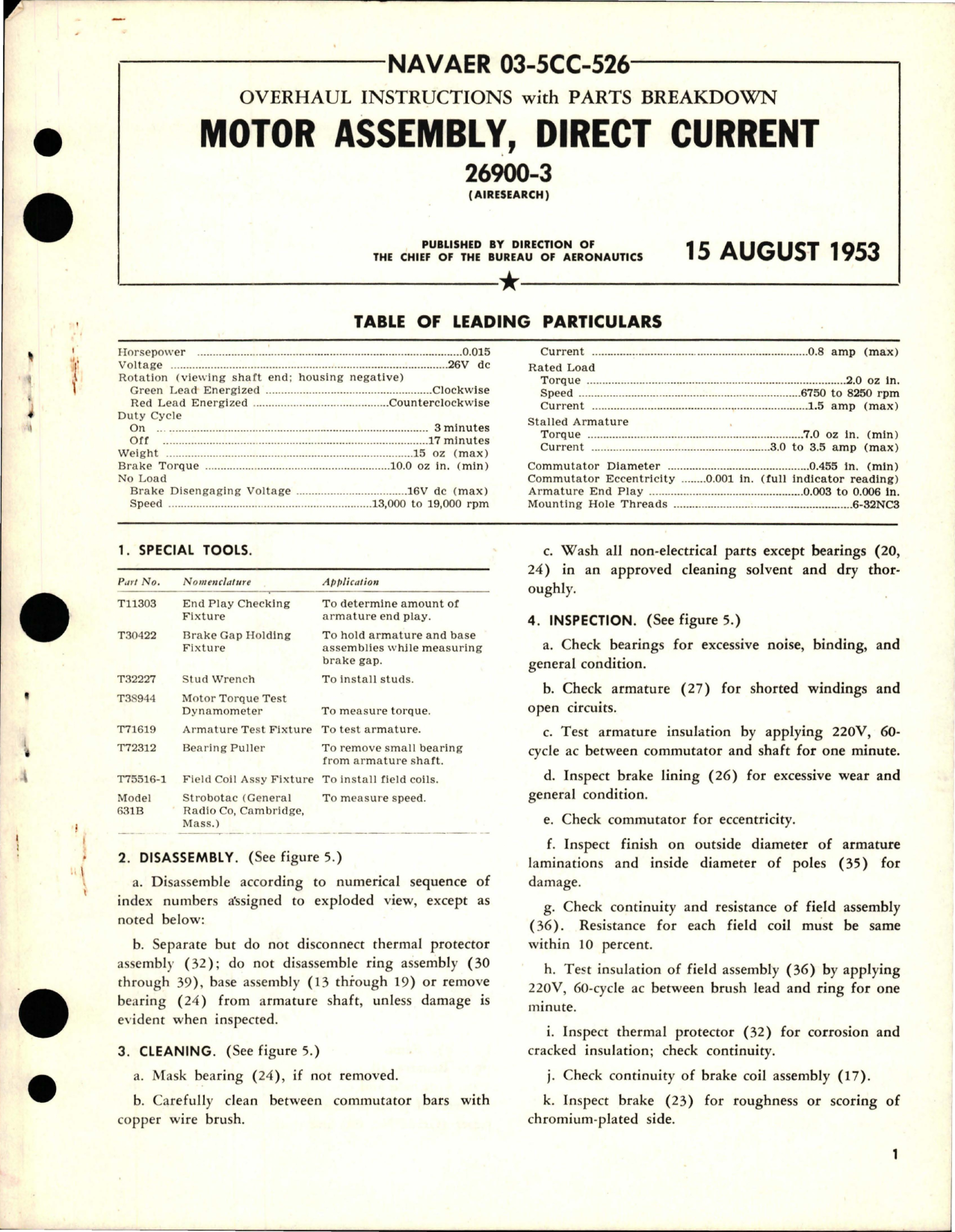 Sample page 1 from AirCorps Library document: Overhaul Instructions with Parts Breakdown for Direct Current Motor Assembly - 26900-3