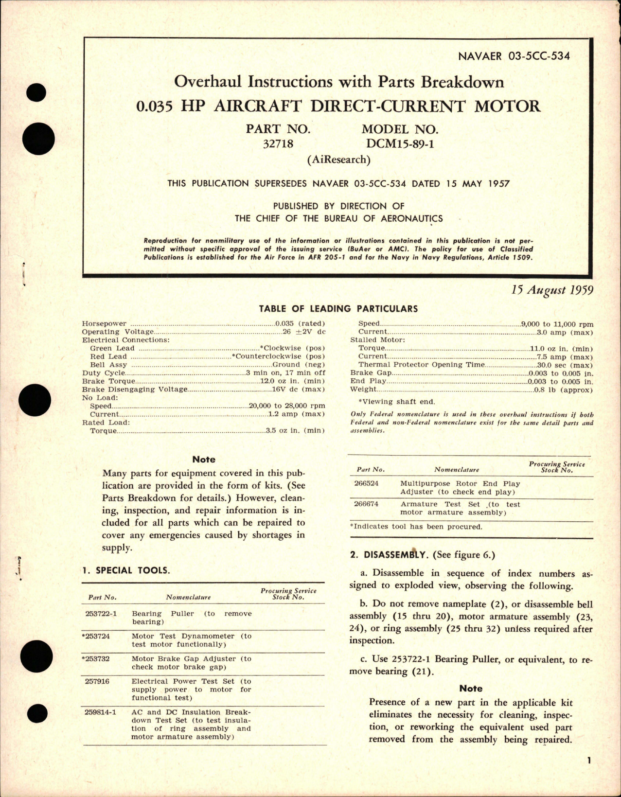 Sample page 1 from AirCorps Library document: Overhaul Instructions with Parts Breakdown for Direct-Current Motor 0.035 HP - Part 32718 - Model DCM15-89-1