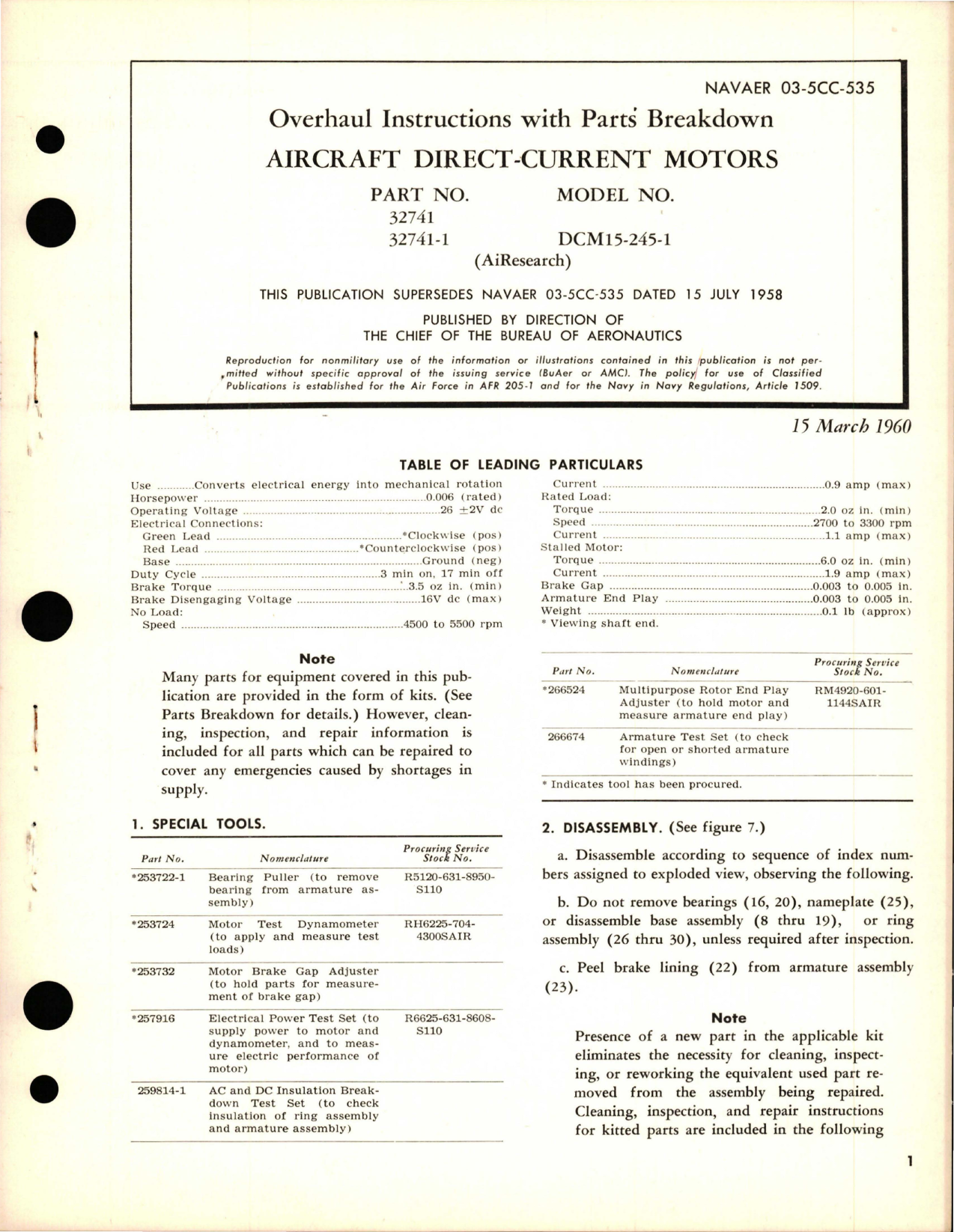 Sample page 1 from AirCorps Library document: Overhaul Instructions with Parts Breakdown for Direct-Current Motors - Parts 32741 and 32741-1 - Model DCM15-245-1