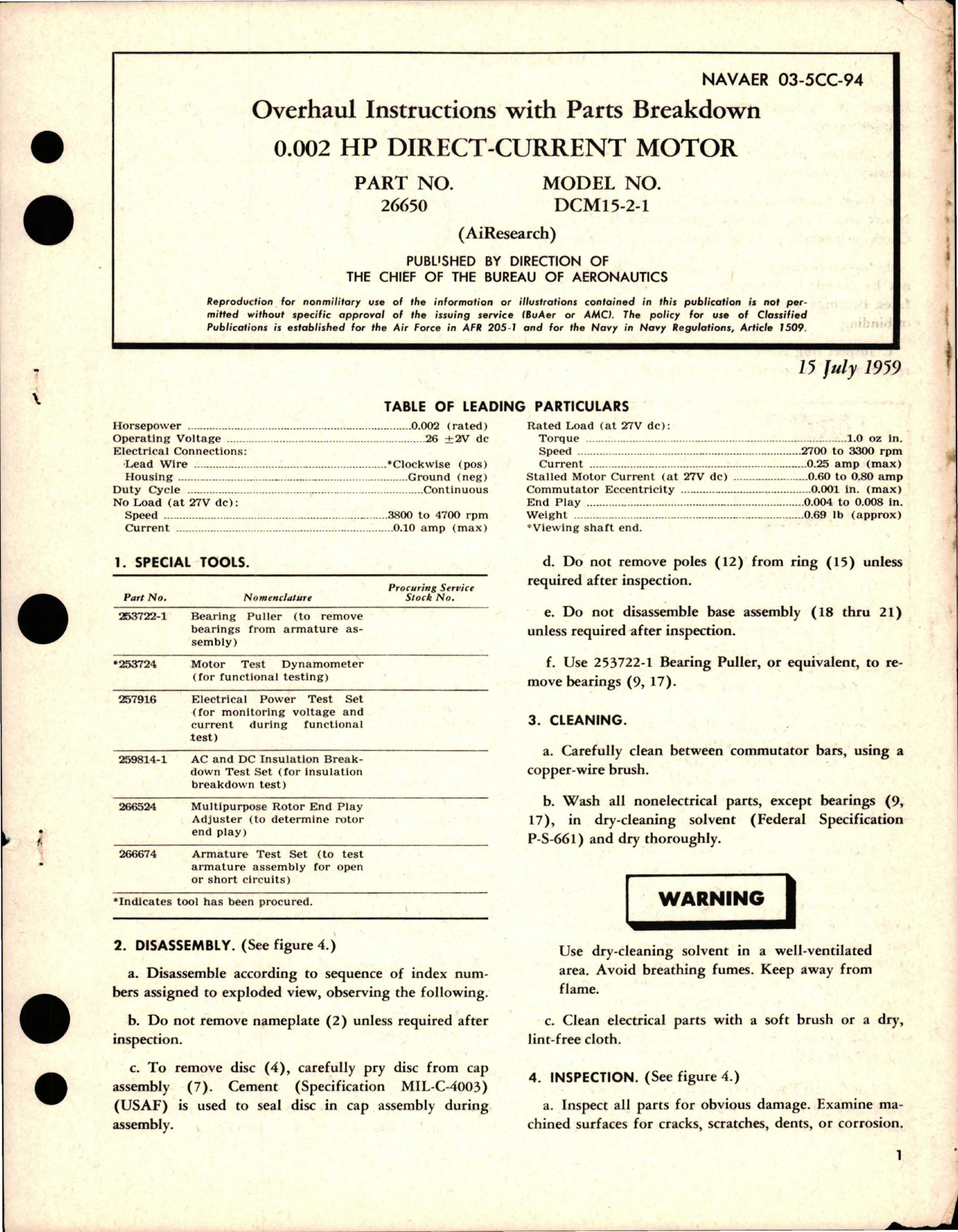 Sample page 1 from AirCorps Library document: Overhaul Instructions with Parts Breakdown for Direct-Current Motor 0.002 HP - Part 26650 - Model DCM15-2-1