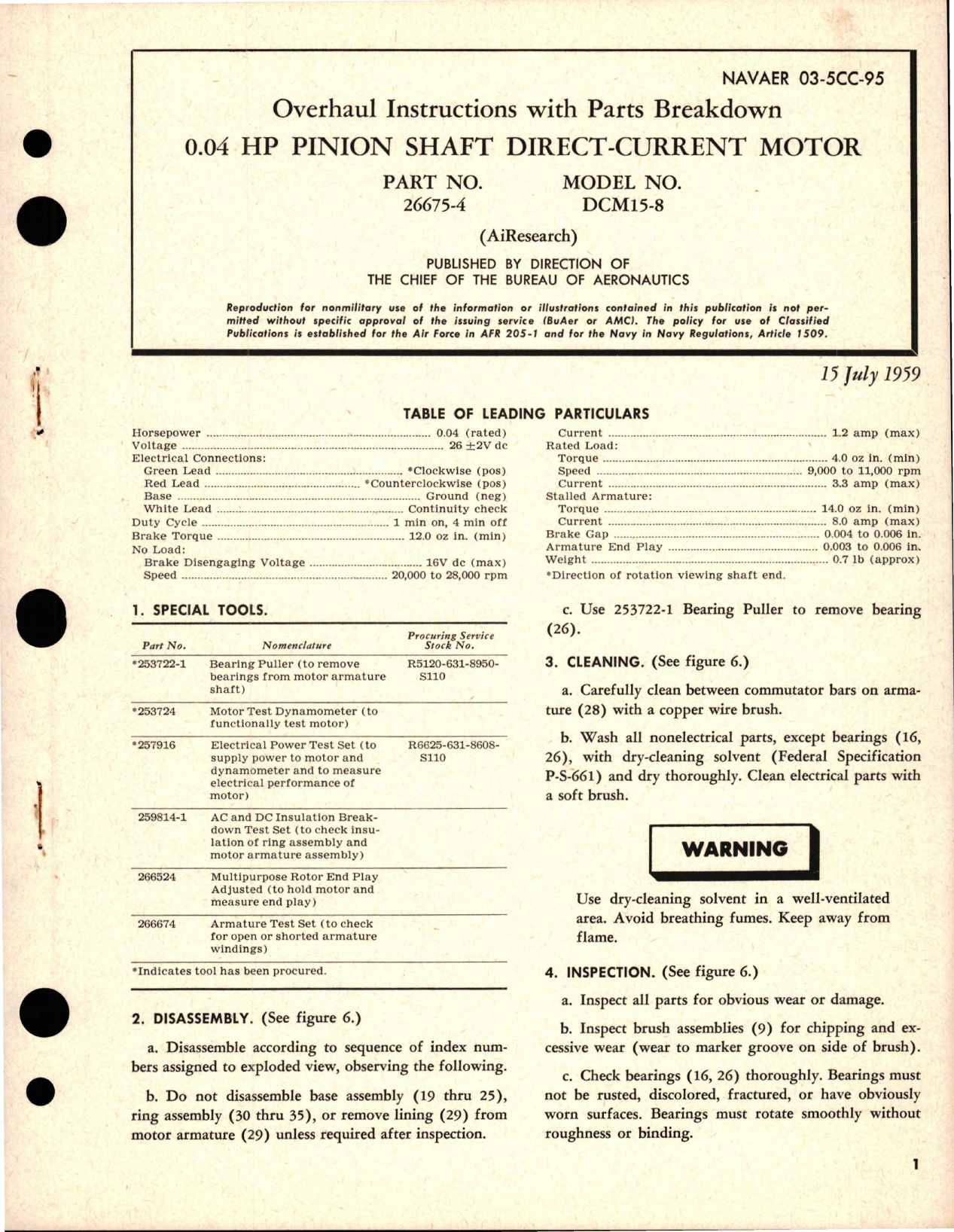 Sample page 1 from AirCorps Library document: Overhaul Instructions with Parts Breakdown for Pinion Shaft Direct-Current Motor 0.04 HP - Part 26675-4 - Model DCM15-8