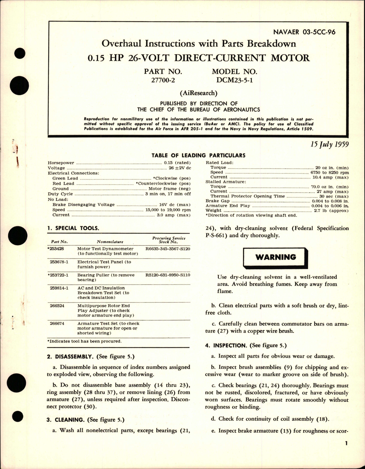 Sample page 1 from AirCorps Library document: Overhaul Instructions with Parts Breakdown for Direct-Current Motor 0.15 HP 26 Volt