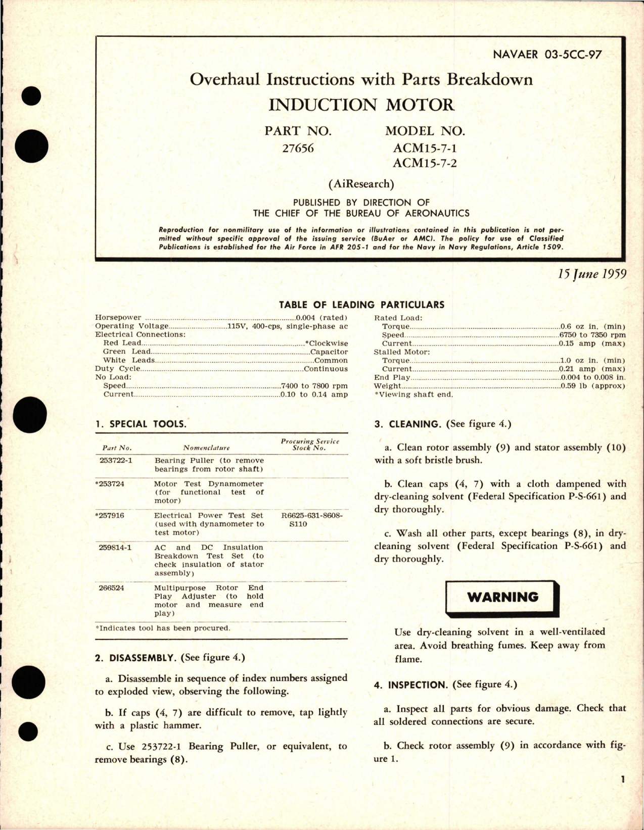 Sample page 1 from AirCorps Library document: Overhaul Instructions with Parts Breakdown for Induction Motor - Part 27656 - Models ACM15-7-1 and ACM15-7-2