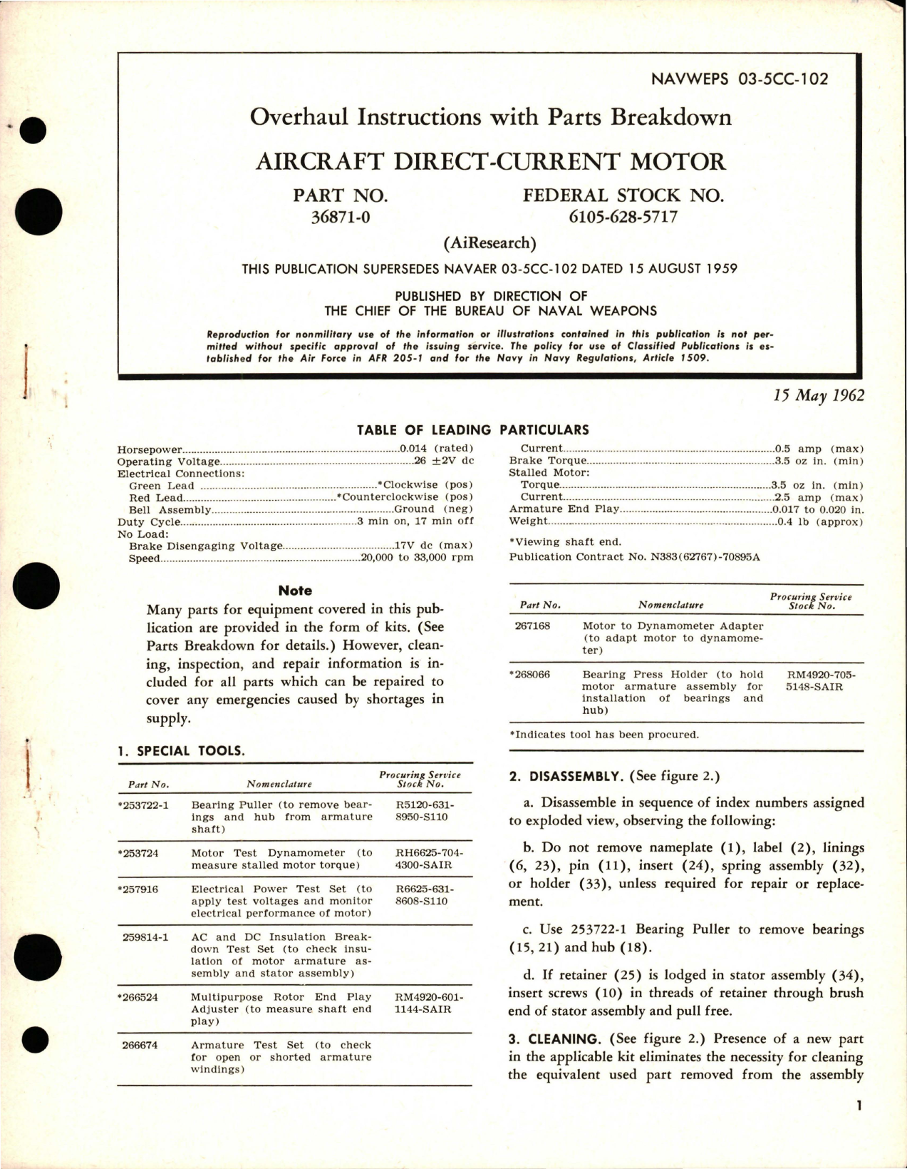 Sample page 1 from AirCorps Library document: Overhaul Instructions with Parts Breakdown for Direct-Current Motor - Part 36871-0 