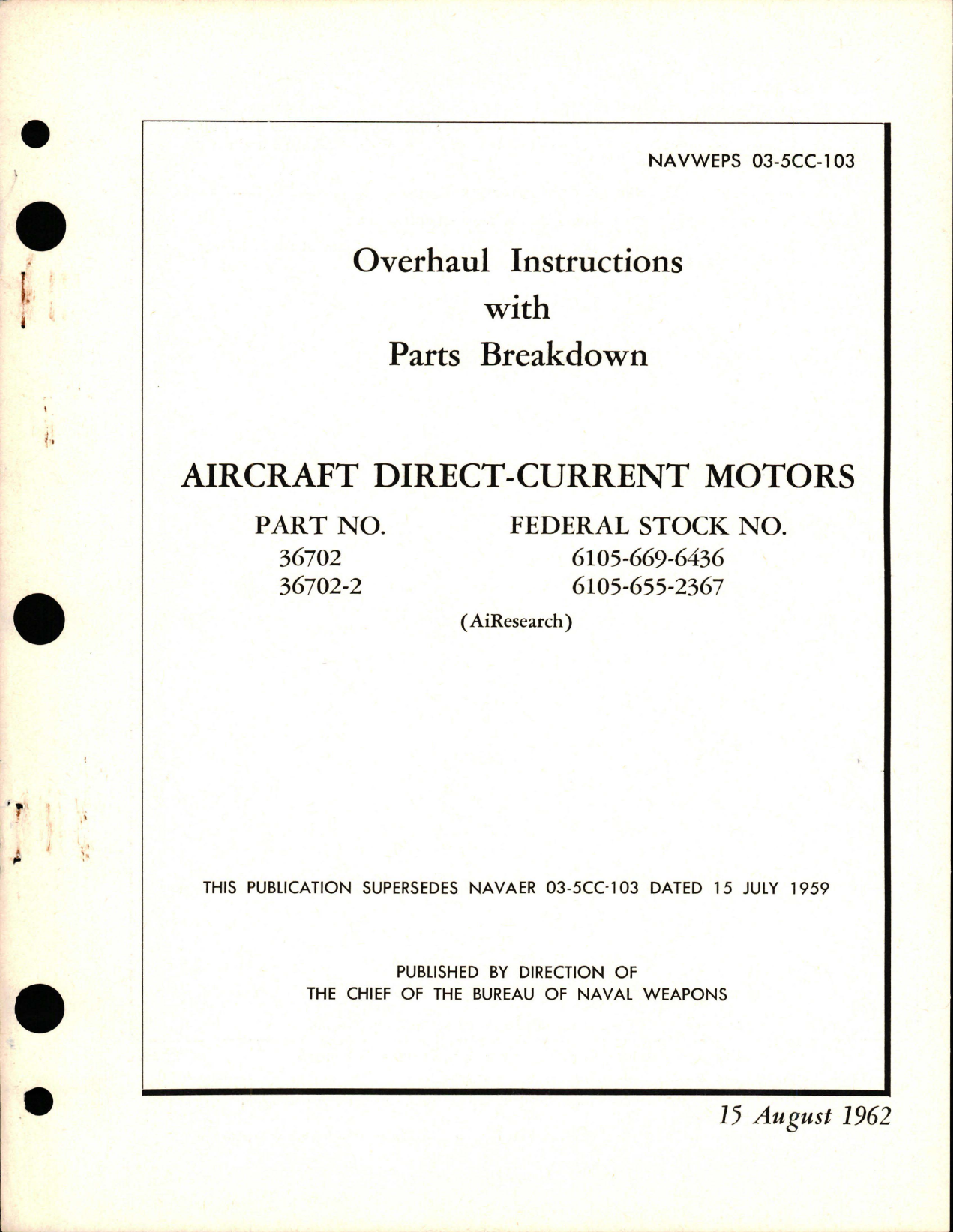 Sample page 1 from AirCorps Library document: Overhaul Instructions with Parts Breakdown for Direct-Current Motors - Parts 36702 and 36702-2