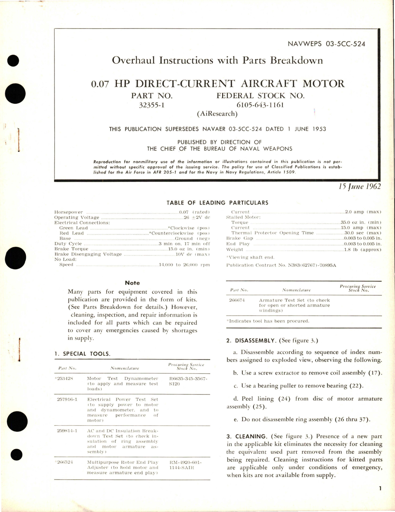Sample page 1 from AirCorps Library document: Overhaul Instructions with Parts Breakdown for Direct-Current Aircraft Motor 0.07HP - Part 32355-1