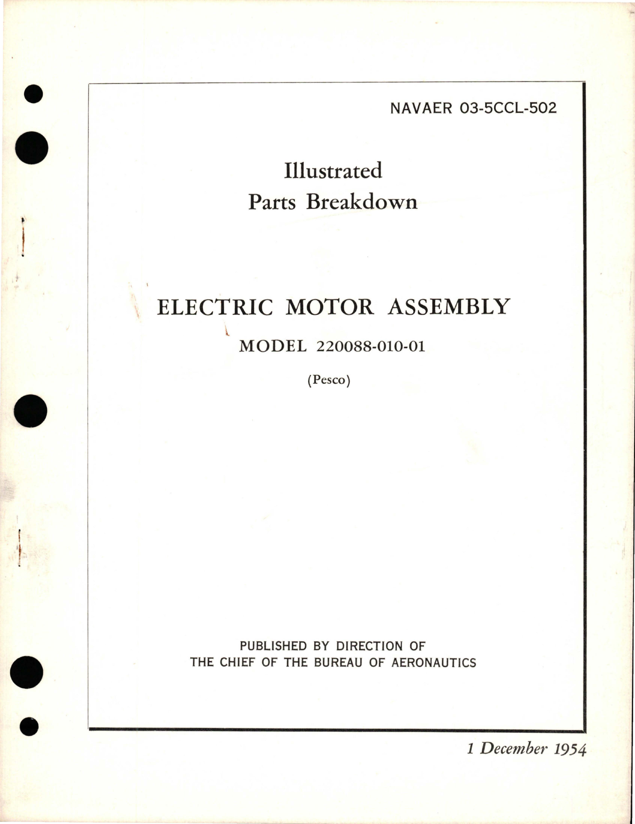 Sample page 1 from AirCorps Library document: Illustrated Parts Breakdown for Electric Motor Assembly - Model 220088-010-01