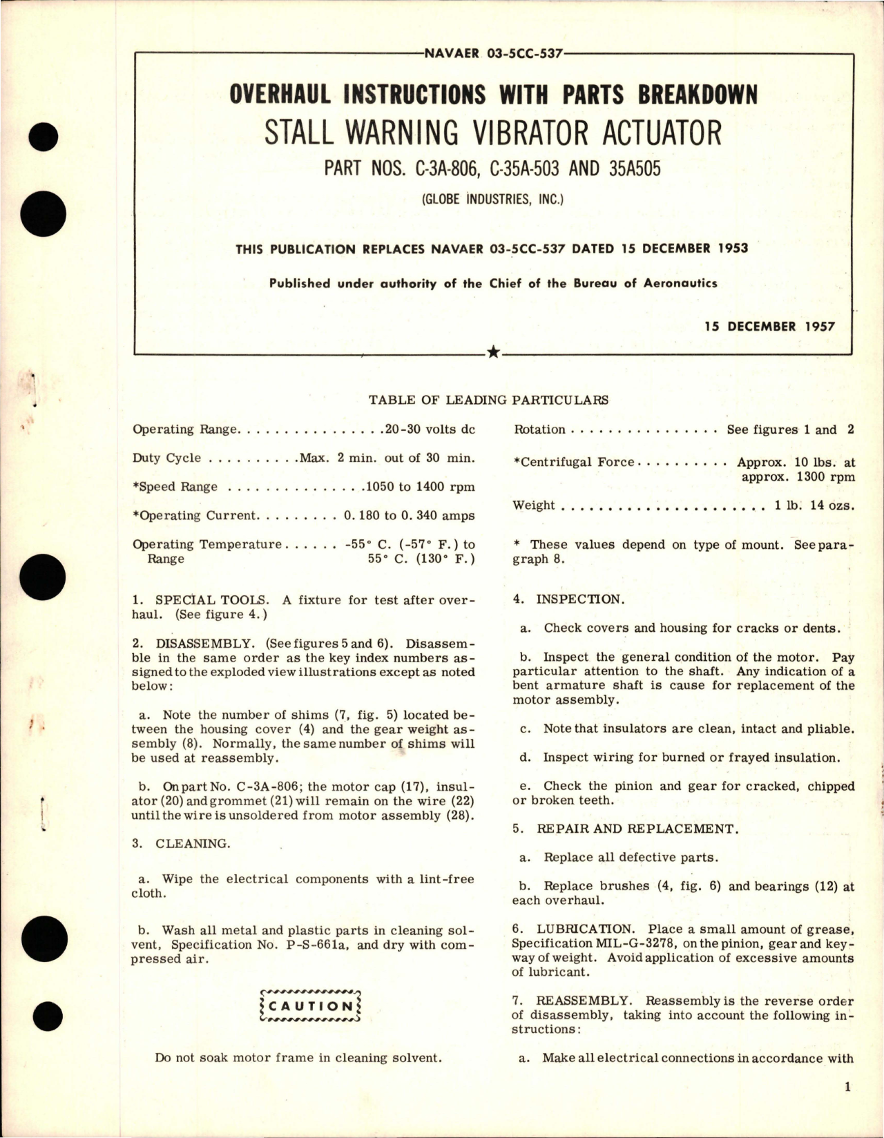 Sample page 1 from AirCorps Library document: Overhaul Instructions with Parts Breakdown for Stall Warning Vibrator Actuator - parts C-3A-806, C-35A-503, and 35A505 