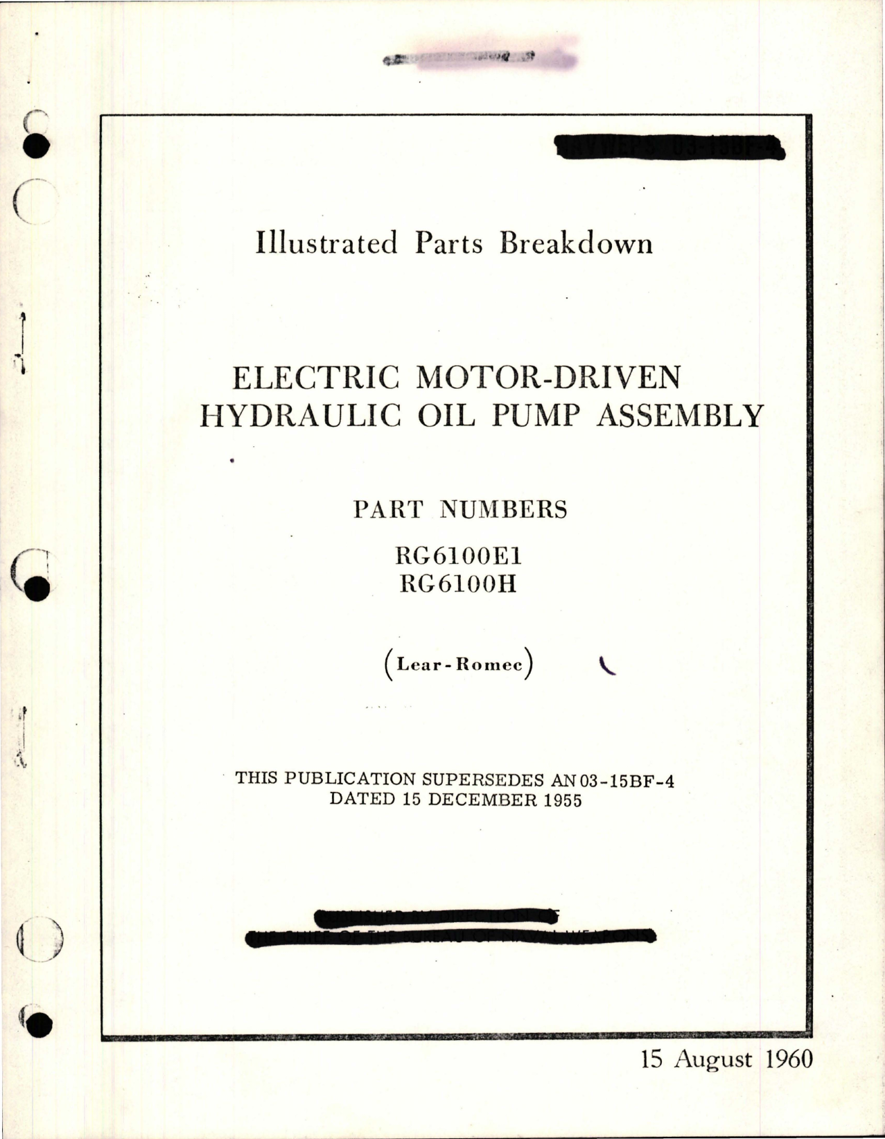 Sample page 1 from AirCorps Library document: Illustrated Parts Breakdown for Electric Motor Driven Hydraulic Oil Pump Assembly - Parts RG6100E1 and RG6100H 