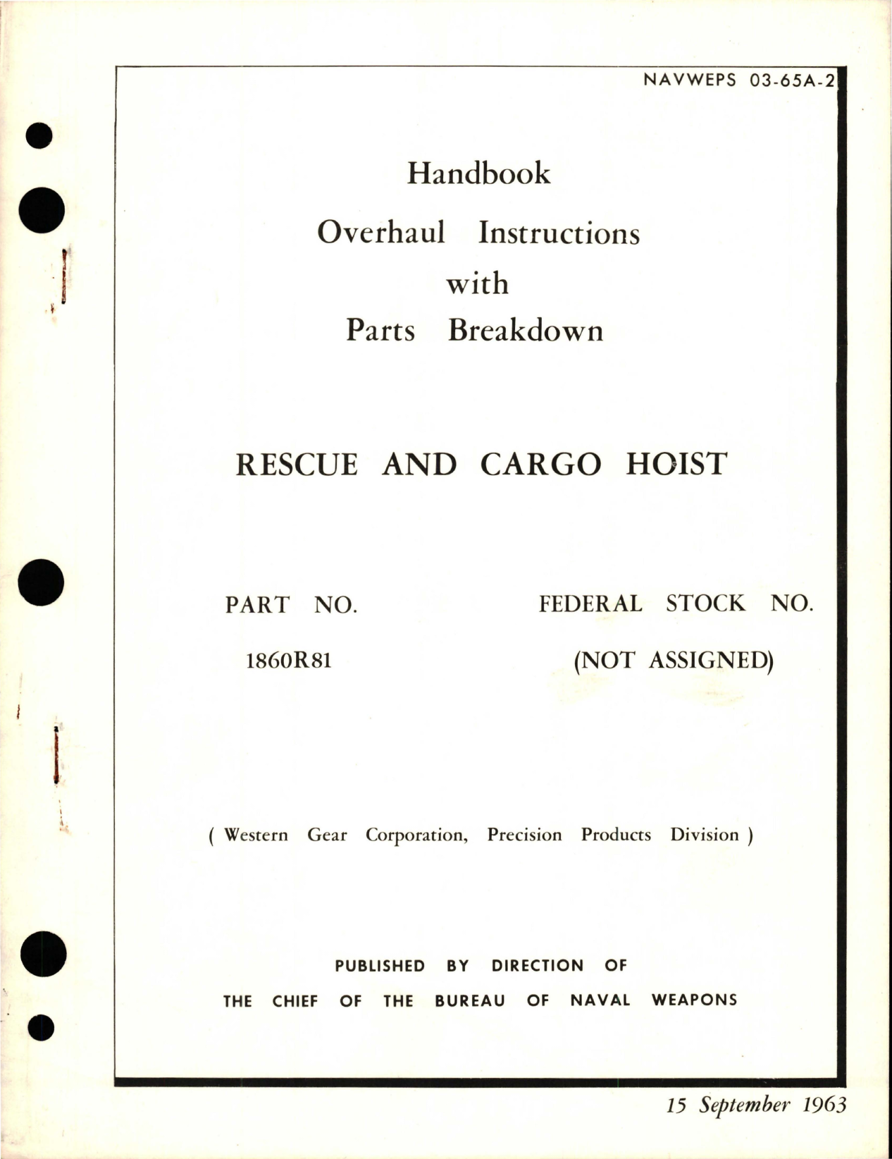 Sample page 1 from AirCorps Library document: Overhaul Instructions with Parts Breakdown for Rescue and Cargo Hoist - Part 1860R81 