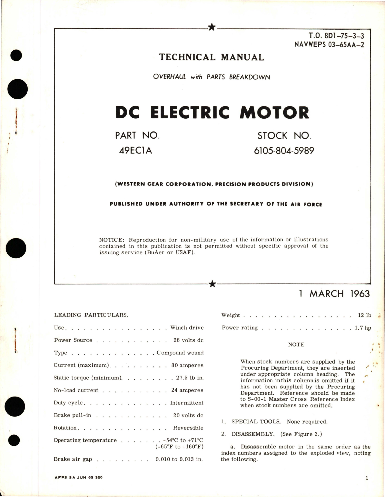 Sample page 1 from AirCorps Library document: Overhaul with Parts Breakdown for DC Electric Motor - Part 49EC1A
