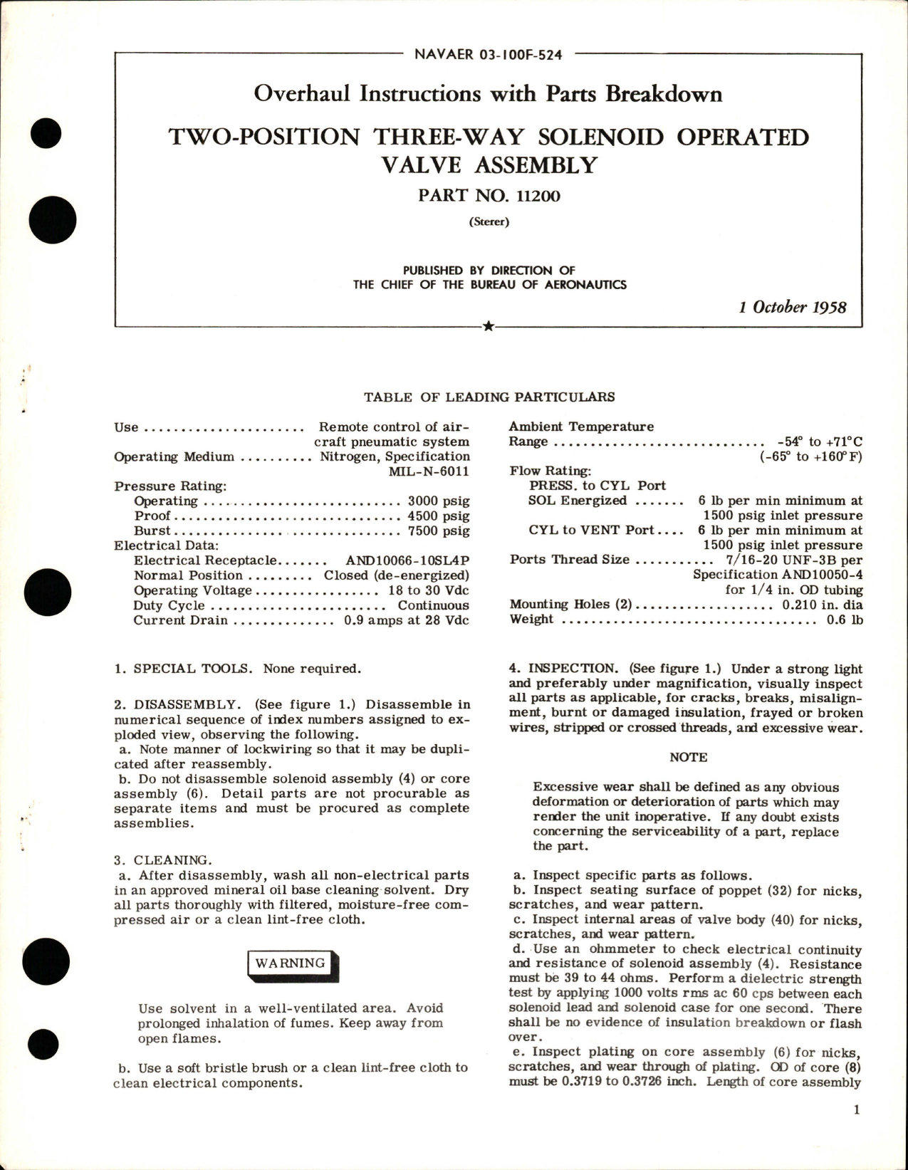 Sample page 1 from AirCorps Library document: Overhaul Instructions with Parts Breakdown for Two-Position Three-Way Solenoid Operated Valve Assembly - Part 11200