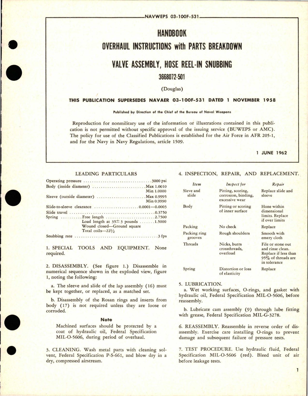 Sample page 1 from AirCorps Library document: Overhaul Instructions with Parts Breakdown for Hose Reel-In Snubbing Valve Assembly - 3668072-501 