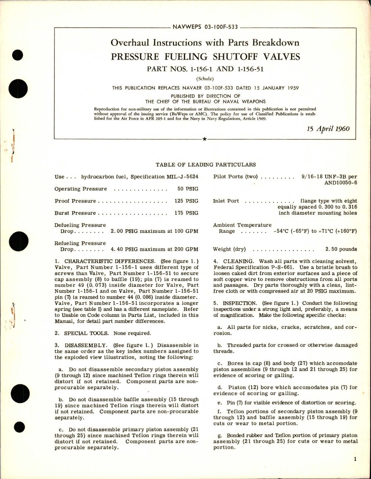 Sample page 1 from AirCorps Library document: Overhaul Instructions with Parts Breakdown for Pressure Fueling Shutoff Valves - Parts 1-156-1 and 1-156-51 