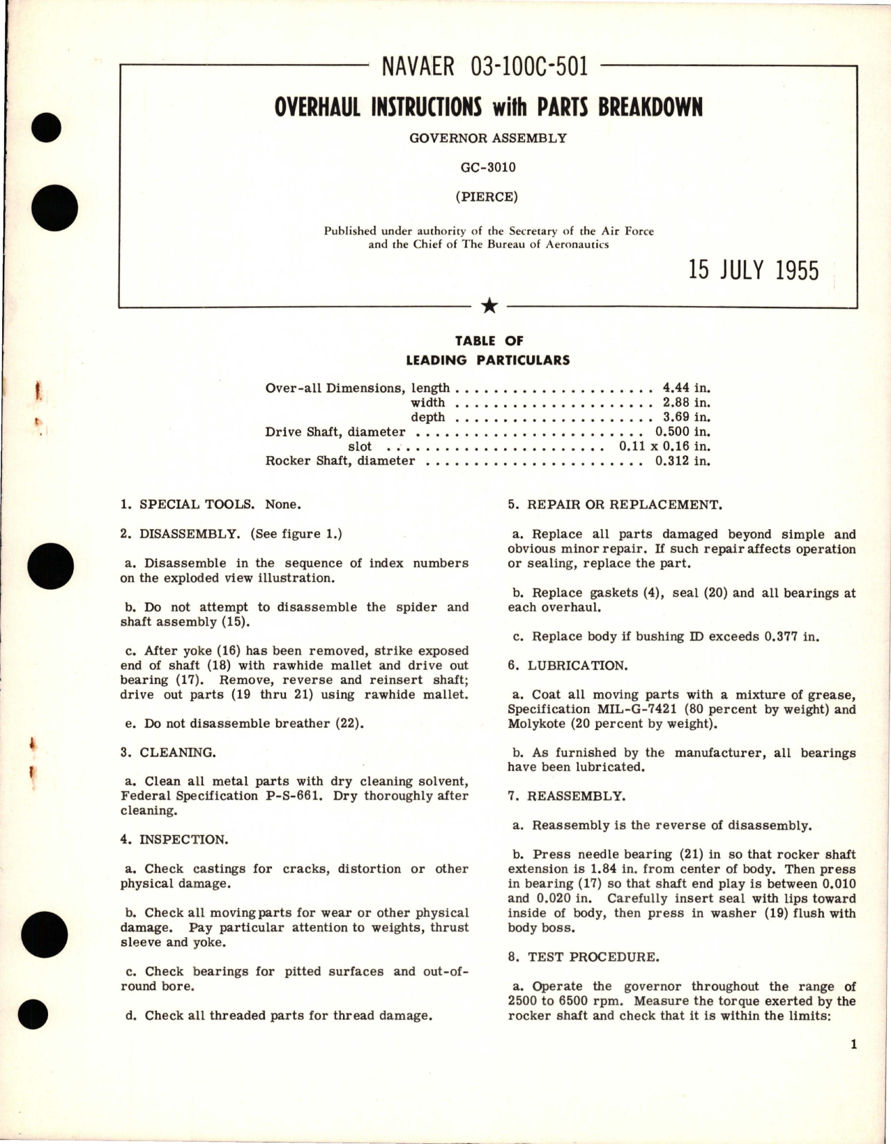 Sample page 1 from AirCorps Library document: Overhaul Instructions with Parts Breakdown for Governor Assembly - GC-3010 