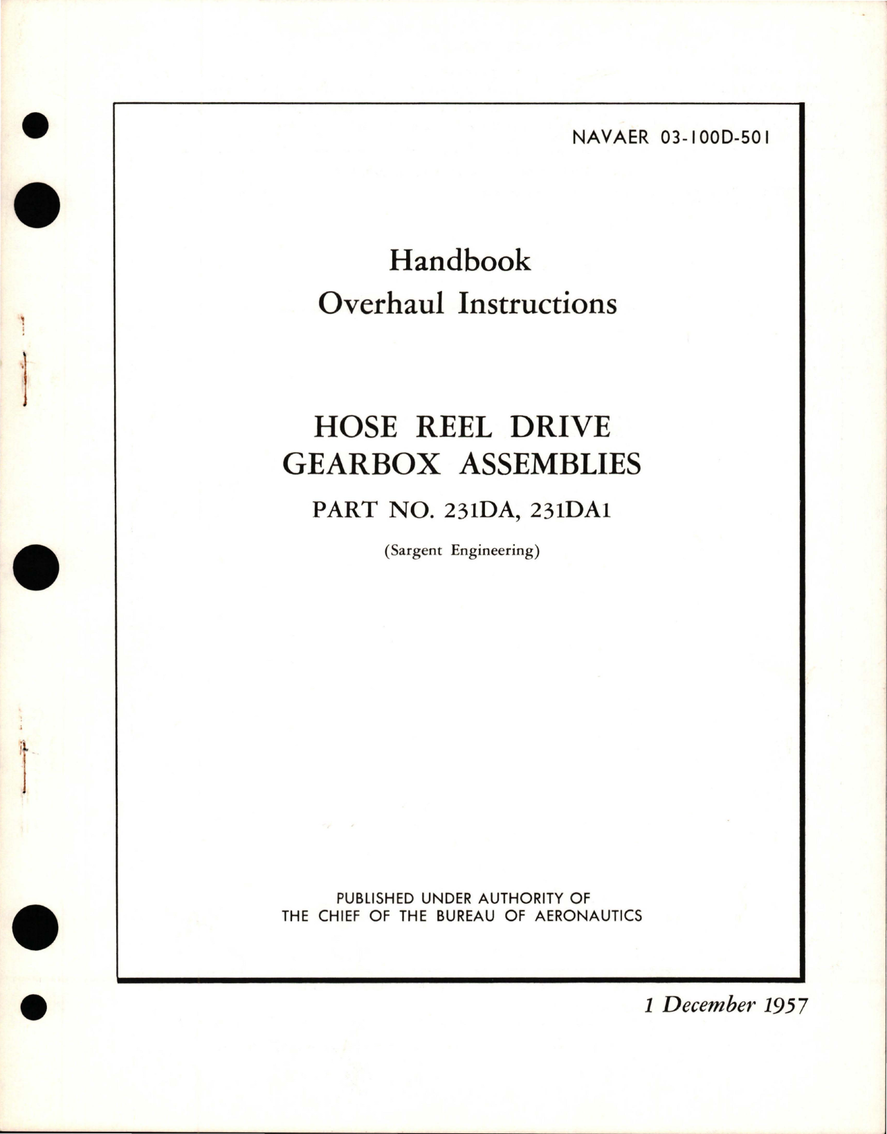 Sample page 1 from AirCorps Library document: Overhaul Instructions for Hose Reel Drive Gearbox Assembly - Part 231DA and 231DA1 