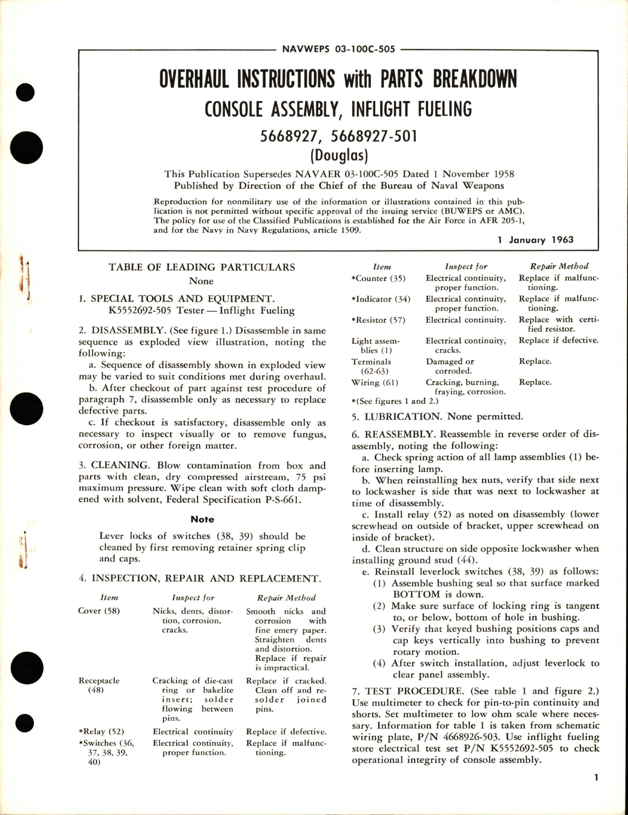 Sample page 1 from AirCorps Library document: Overhaul Instructions with Parts Breakdown for Inflight Fueling Console Assembly - 5668927 and 5668927-501