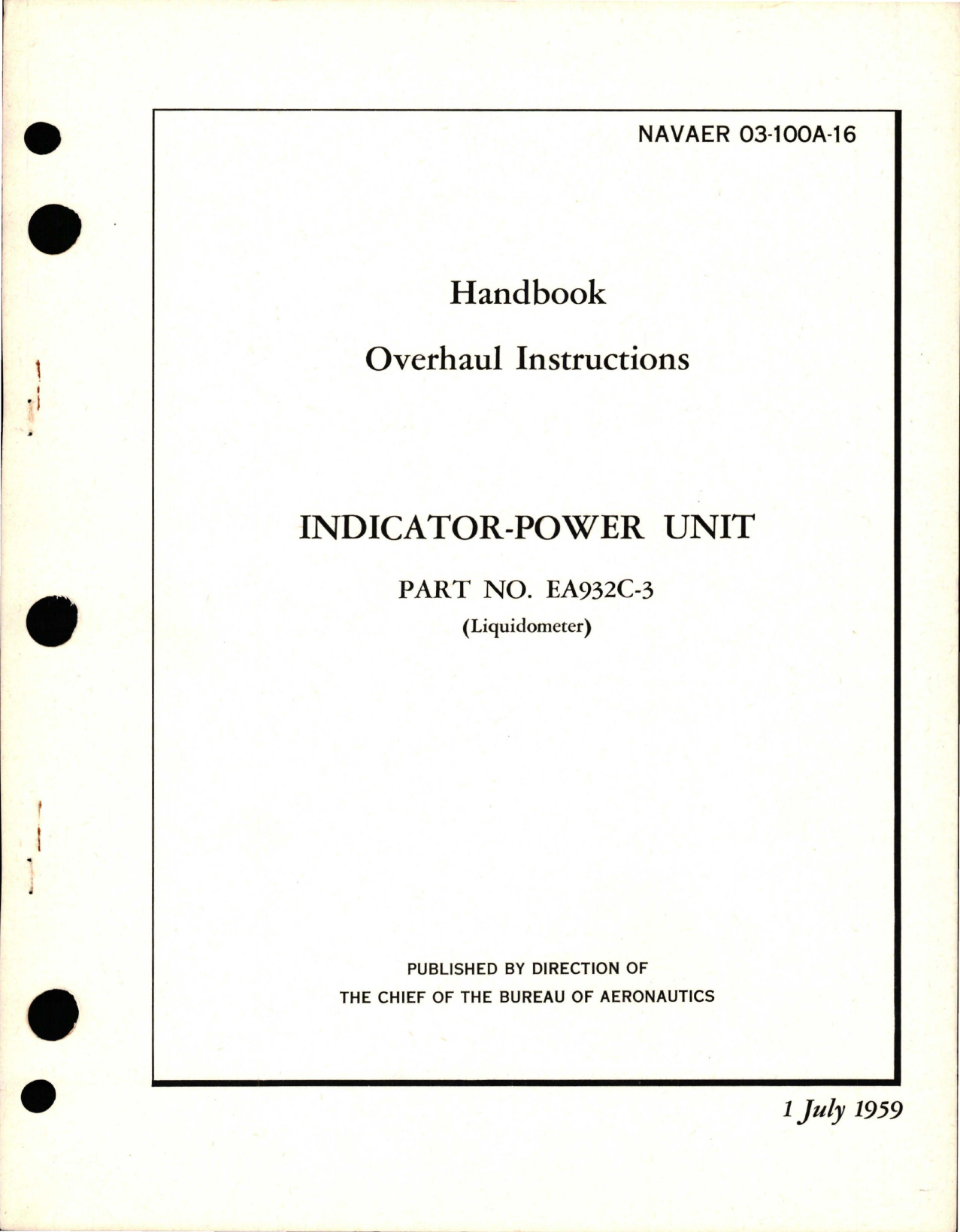 Sample page 1 from AirCorps Library document: Overhaul Instructions for Indicator Power Unit - Part EA932C-3 
