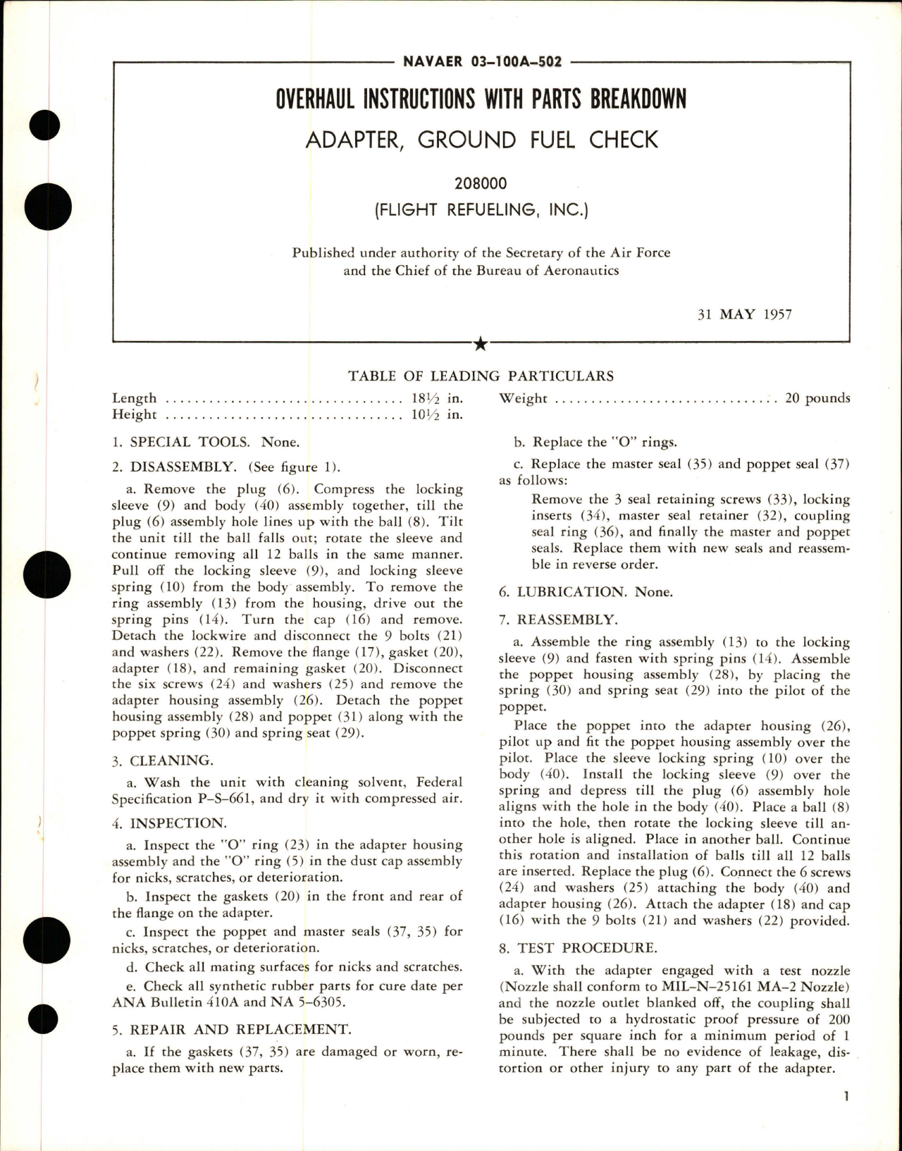 Sample page 1 from AirCorps Library document: Overhaul Instructions with Parts Breakdown for Ground Fuel Check Adapter - 208000