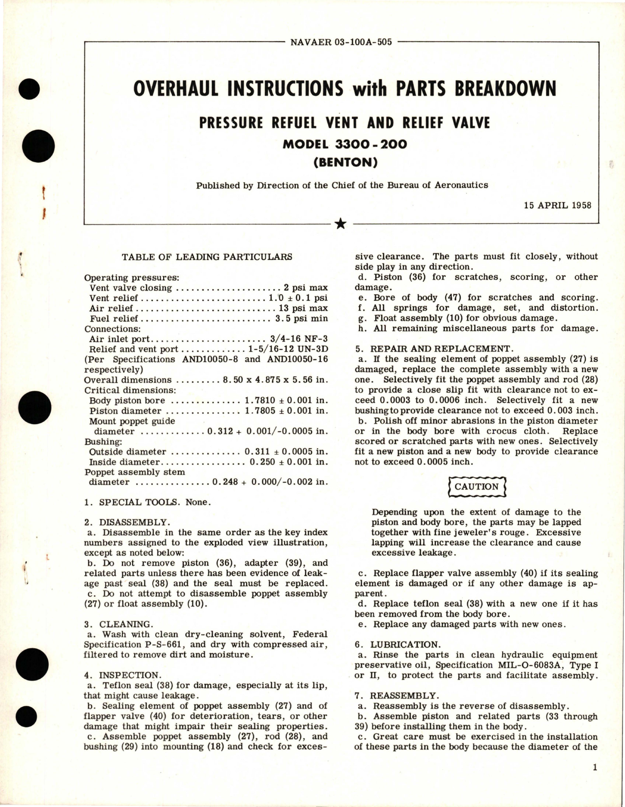 Sample page 1 from AirCorps Library document: Overhaul Instructions with Parts Breakdown for Pressure Refuel Vent and Relief Valve - Model 3300-200 
