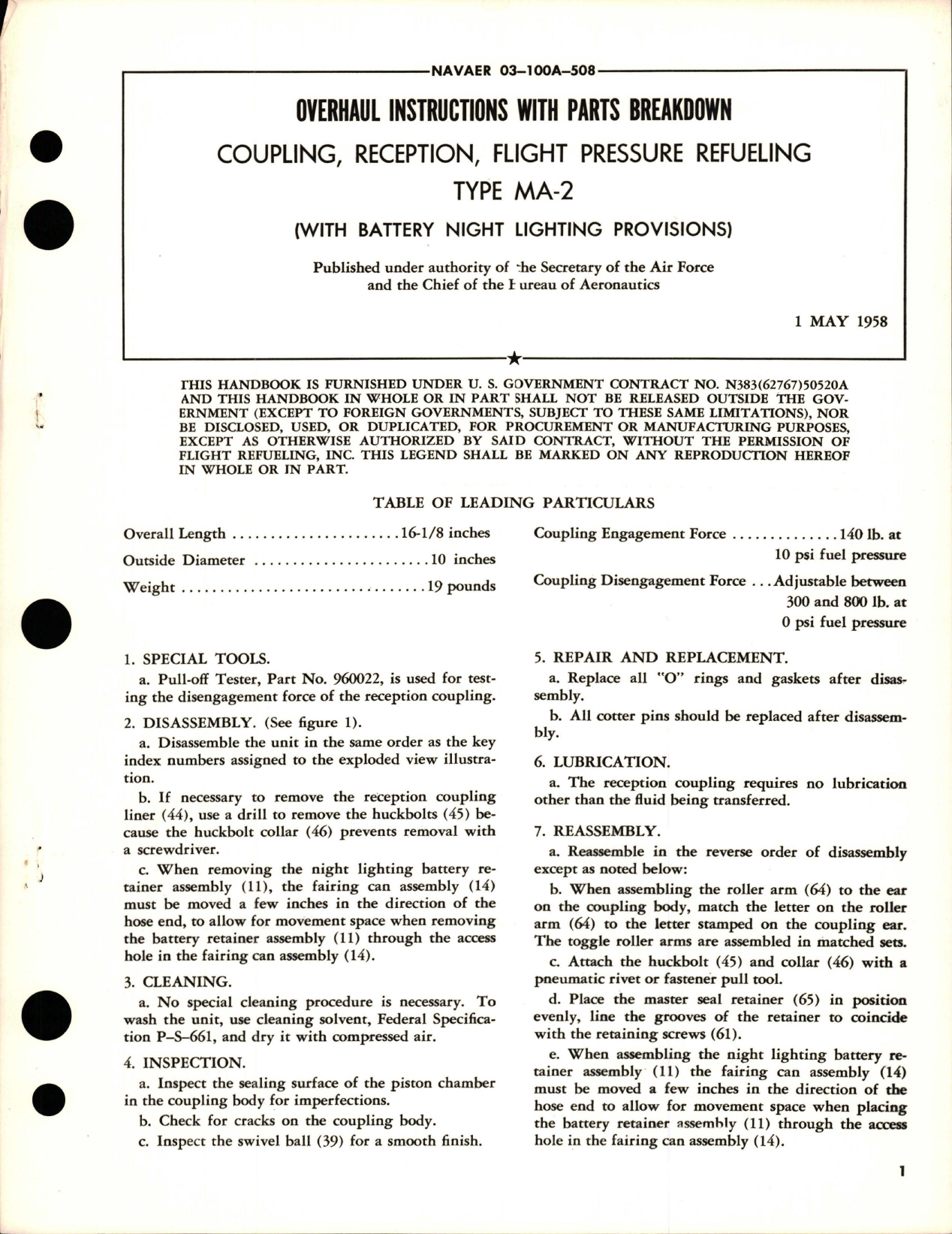 Sample page 1 from AirCorps Library document: Overhaul Instructions with Parts Breakdown for Flight Pressure Refueling - Coupling - Reception with Battery Night Lighting Provisions - Type MA-2