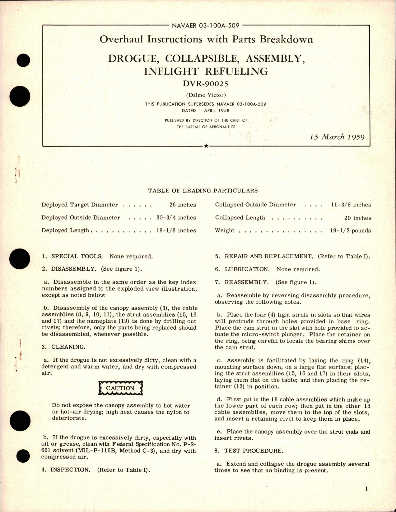 Sample page 1 from AirCorps Library document: Overhaul Instructions with Parts Breakdown for Collapsible Drogue Inflight Refueling Assembly - DVR-90025 
