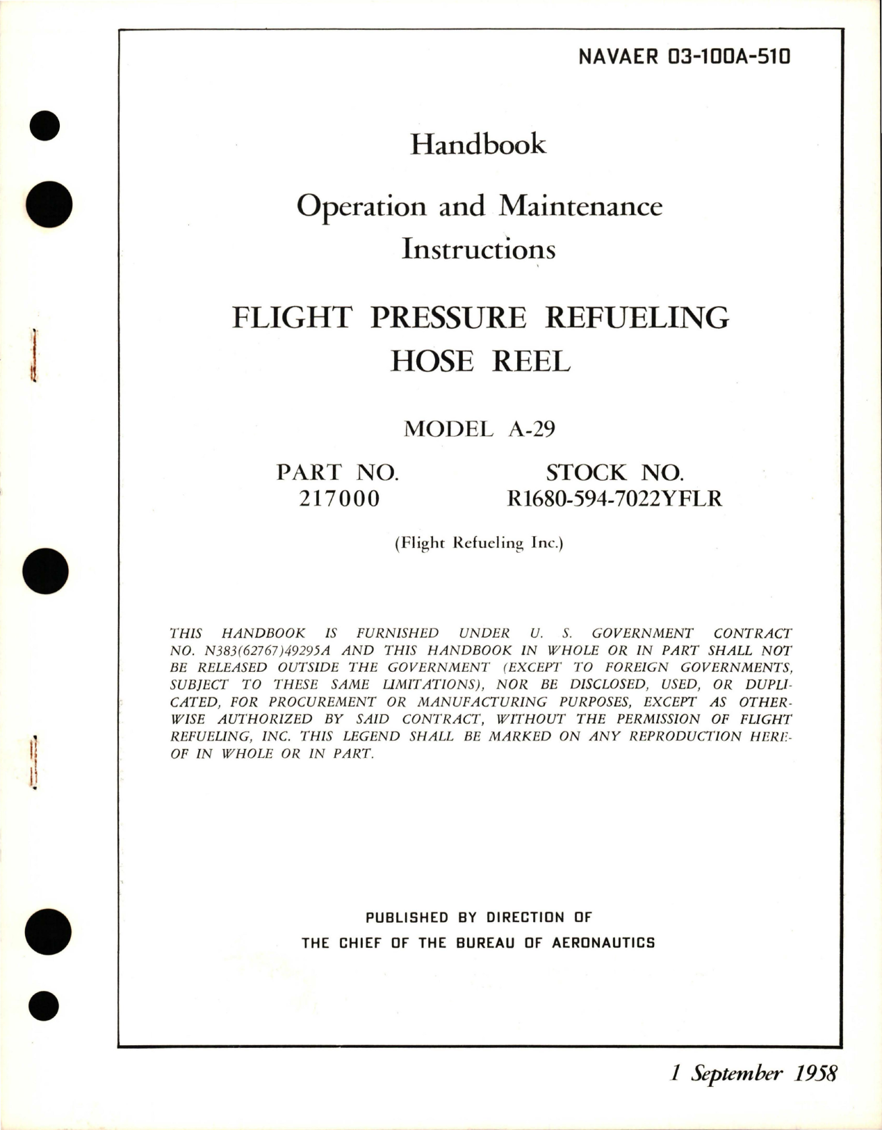 Sample page 1 from AirCorps Library document: Operation and Maintenance Instructions for Flight Pressure Refueling Hose Reel - Model A-29 - Part 217000