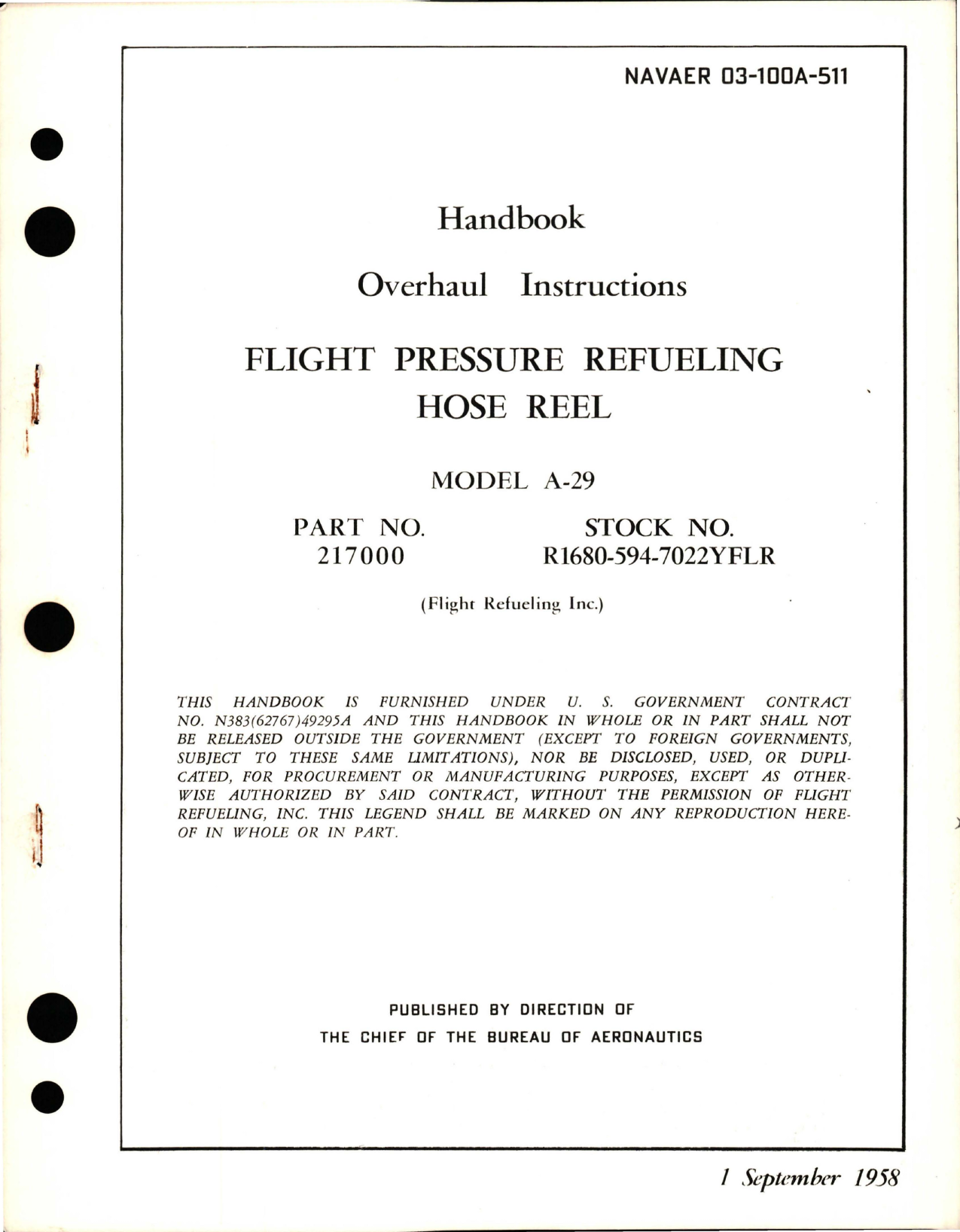 Sample page 1 from AirCorps Library document: Overhaul Instructions for Flight Pressure Refueling Hose Reel - Model A-29, Part 217000 