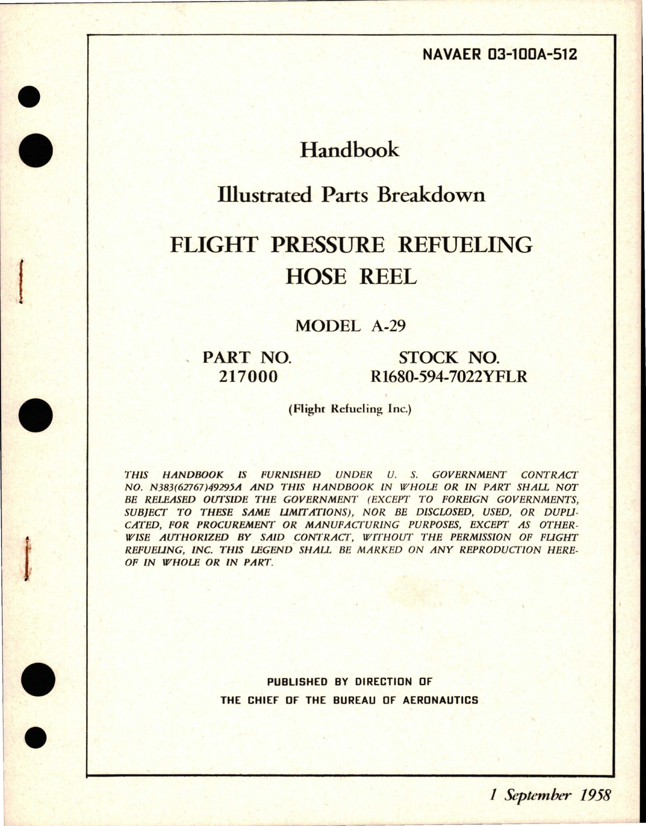 Sample page 1 from AirCorps Library document: Illustrated Parts Breakdown for Flight Pressure Refueling Hose Reel - Model A-29, Part 21700