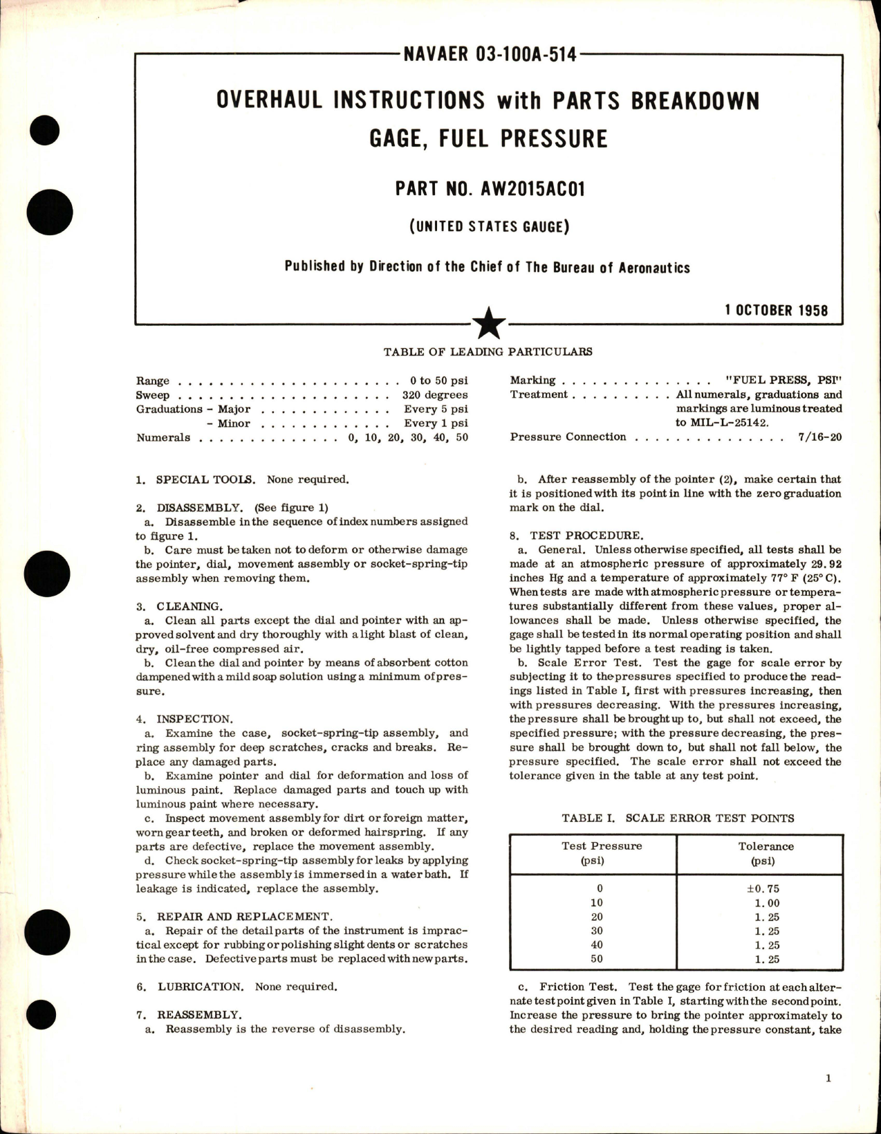 Sample page 1 from AirCorps Library document: Overhaul Instructions with Parts Breakdown for Fuel Pressure Gage - Part AW2015AC01 