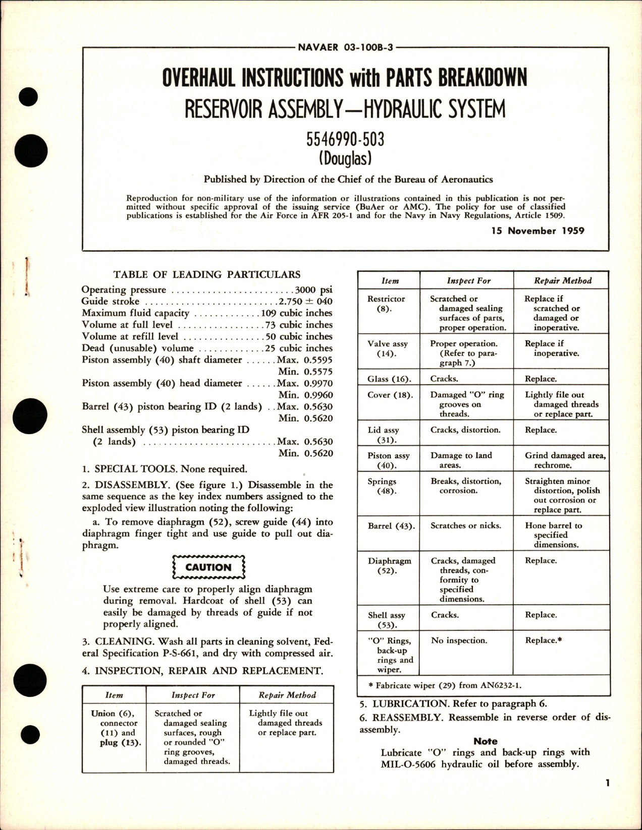 Sample page 1 from AirCorps Library document: Overhaul Instructions with Parts Breakdown for Hydraulic System Reservoir Assembly - 5546990-503