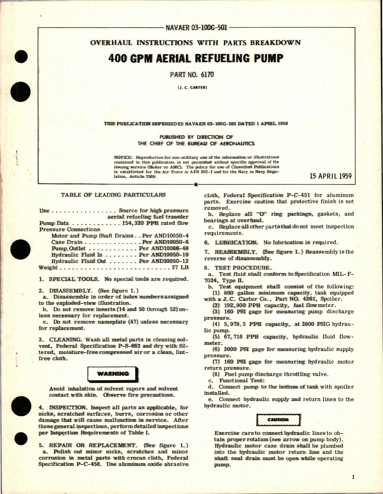 Sample page 1 from AirCorps Library document: Overhaul Instructions with Parts Breakdown for Aerial Refueling Pump 400GPM - Part 6170 