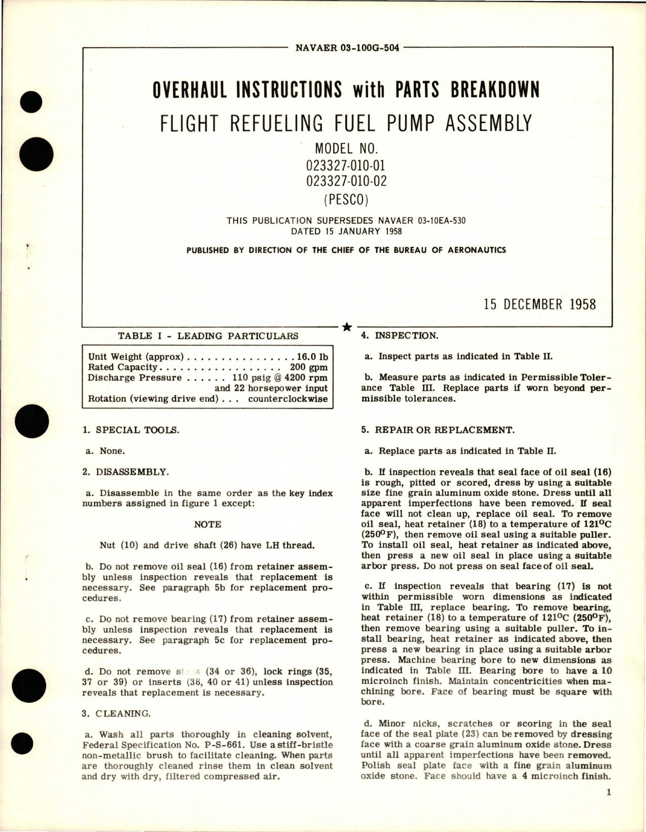 Sample page 1 from AirCorps Library document: Overhaul Instructions with Parts Breakdown for Flight Refueling Fuel Pump Assembly - Models 023327-010-01 and 023327-010-02 