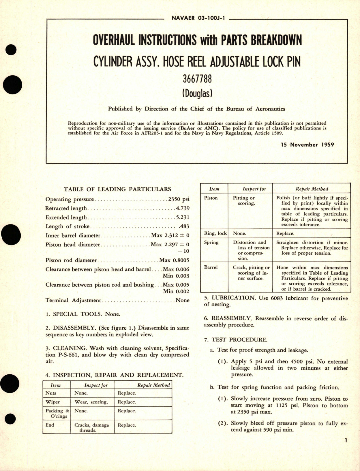 Sample page 1 from AirCorps Library document: Overhaul Instructions with Parts Breakown for Hose Reel Adjustable Lock Pin Cylinder Assembly - 3667788