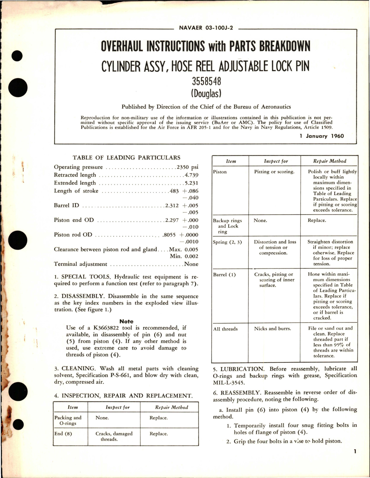 Sample page 1 from AirCorps Library document: Overhaul Instructions with Parts Breakdown for Hose Reel Adjustable Lock Pin Cylinder Assembly - 3558548 