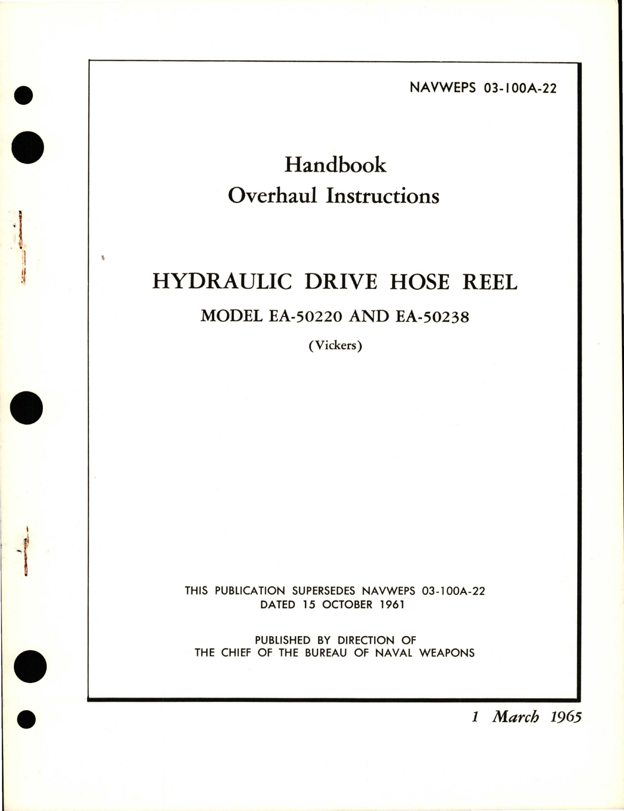 Sample page 1 from AirCorps Library document: Overhaul Instructions for Hydraulic Drive Hose Reel - Model EA-50220, EA-50238 