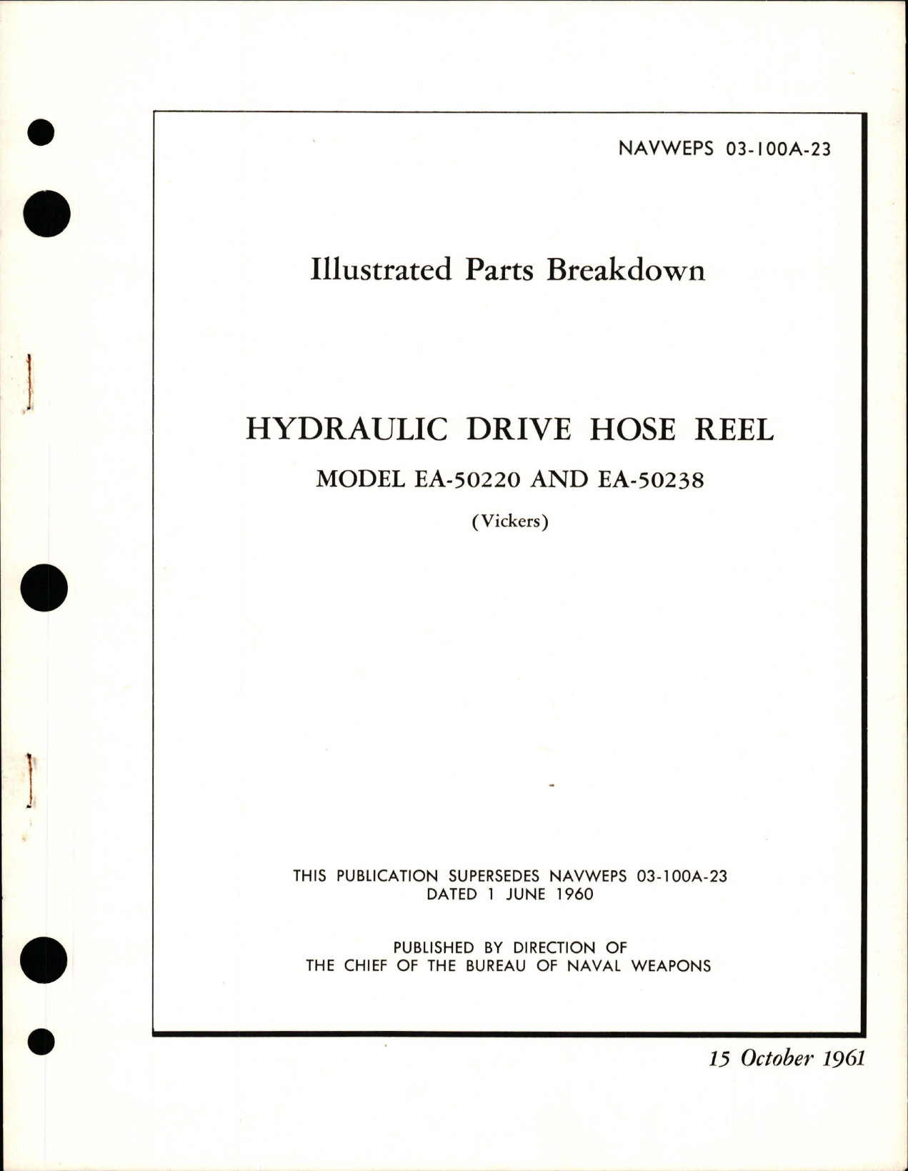 Sample page 1 from AirCorps Library document: Illustrated Parts Breakdown for Hydraulic Drive Hose Reel - Models EA-50220 and EA-50238 