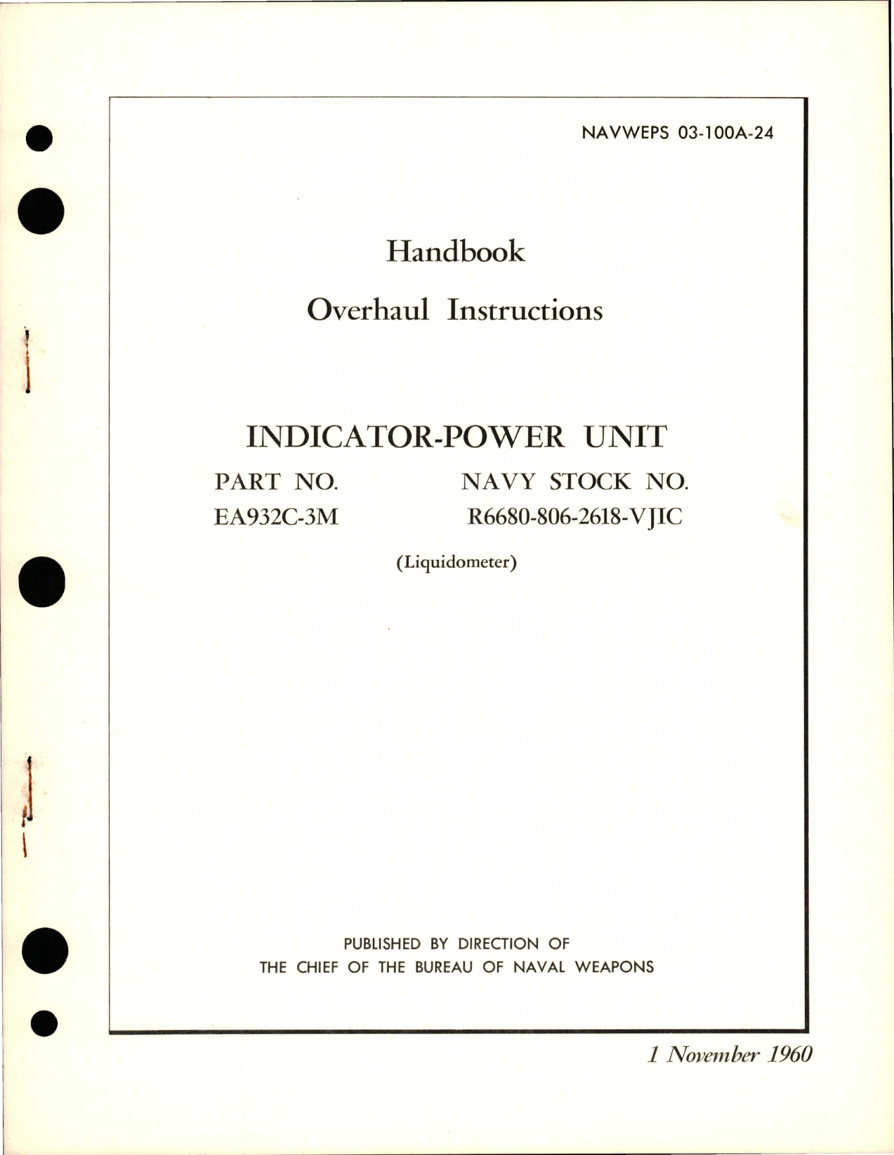 Sample page 1 from AirCorps Library document: Overhaul Instructions for Indicator-Power Unit - Part EA932C-3M