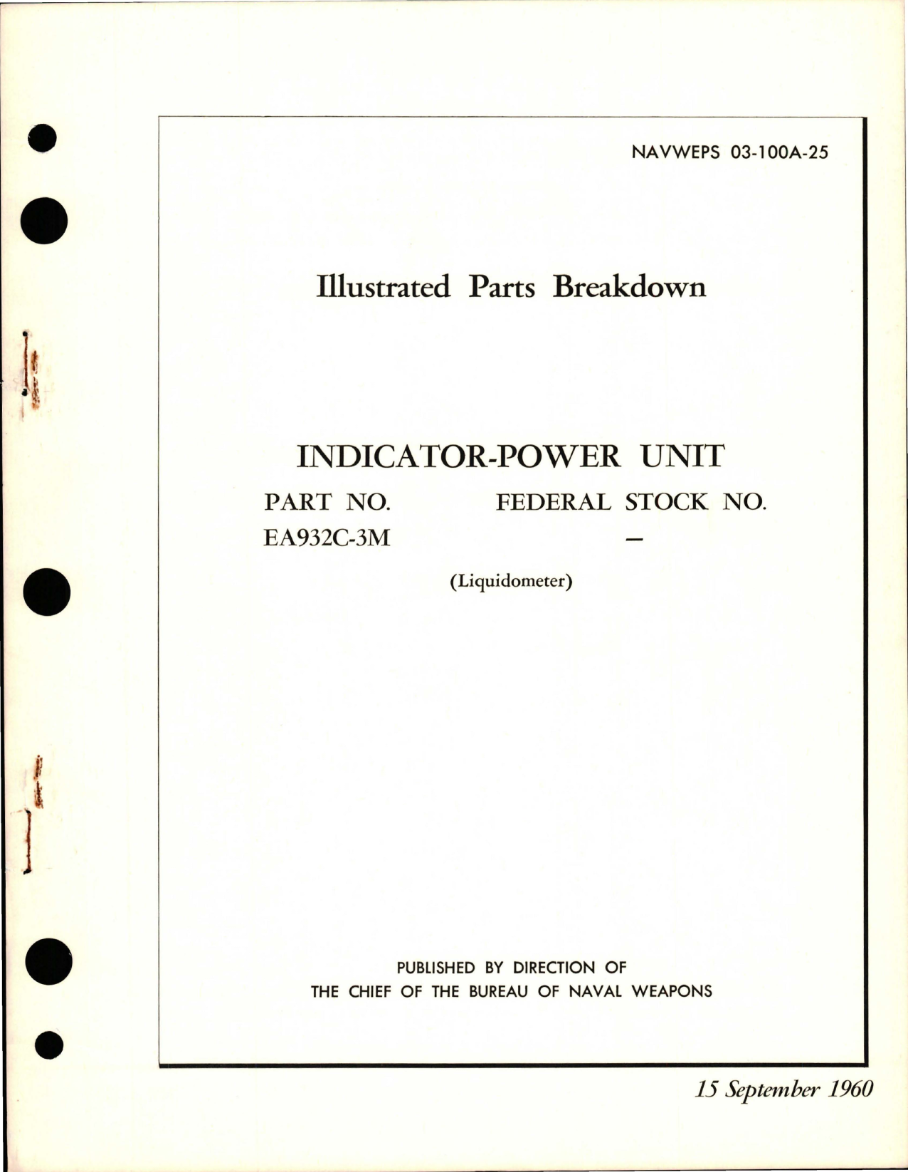 Sample page 1 from AirCorps Library document: Illustrated Parts Breakdown for Indicator-Power Unit - Part EA932C-3M 