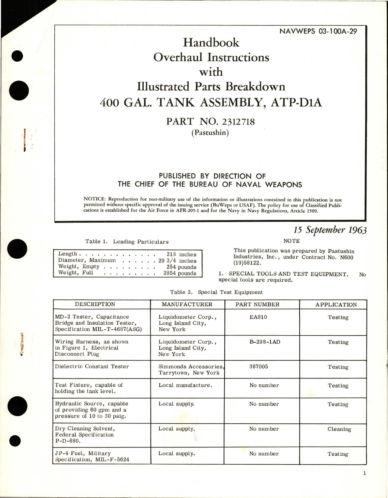 Sample page 1 from AirCorps Library document: Overhaul Instructions with Illustrated Parts Breakdown for Tank Assembly 400 gal - ATP-D1A - Part 2312718 