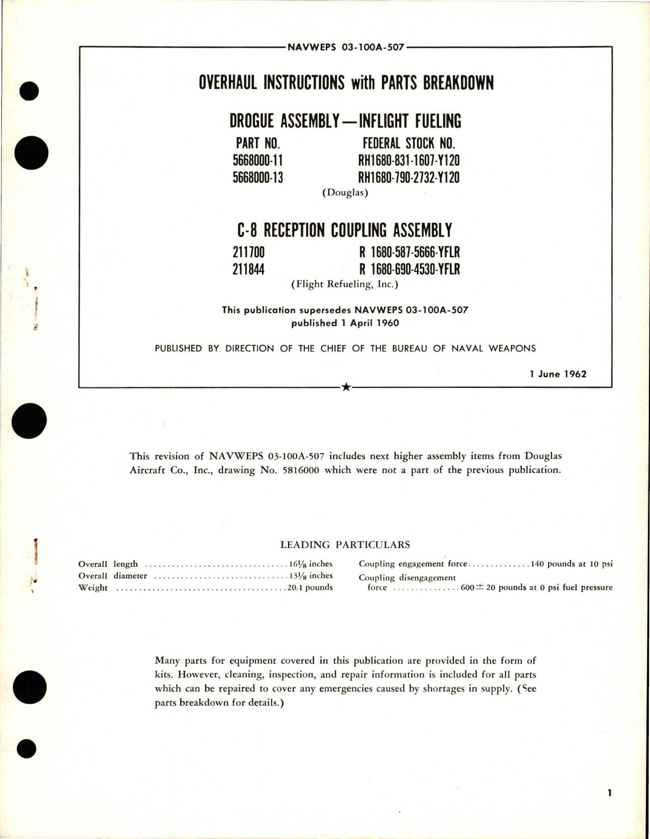 Sample page 1 from AirCorps Library document: Overhaul Instructions with Parts Breakdown for Inflight Fueling Drogue Assembly and C-8 Reception Coupling Assembly