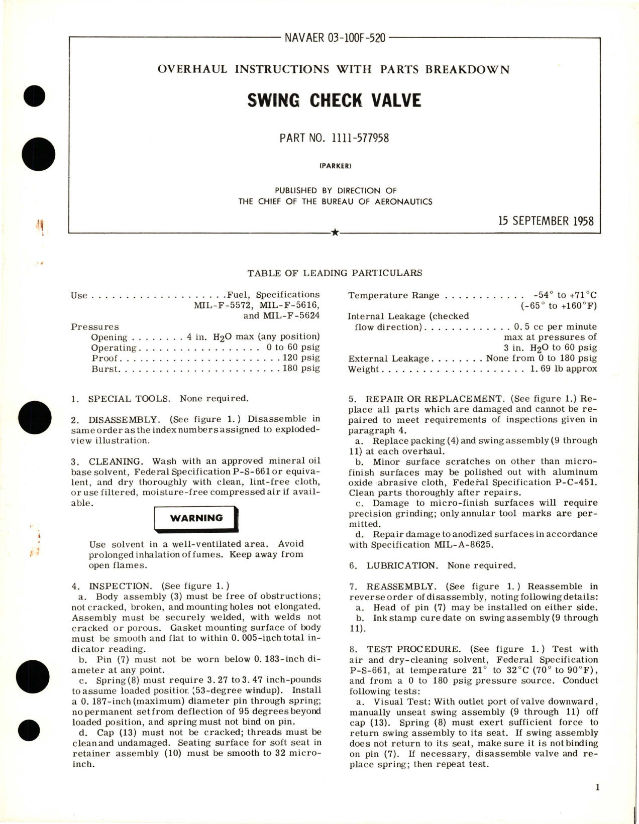 Sample page 1 from AirCorps Library document: Overhaul Instructions with Parts Breakdown for Swing Check Valve - Part 1111-577958 
