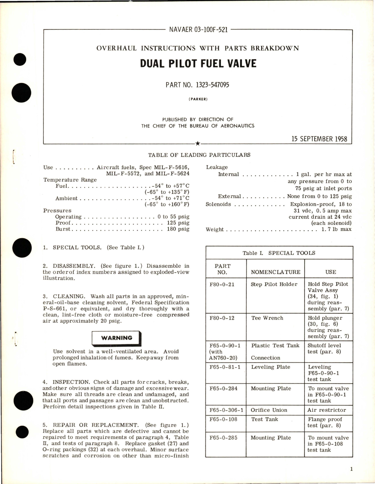 Sample page 1 from AirCorps Library document: Overhaul Instructions with Parts Breakdown for Dual Pilot Fuel Valve - Part 1323-547095 