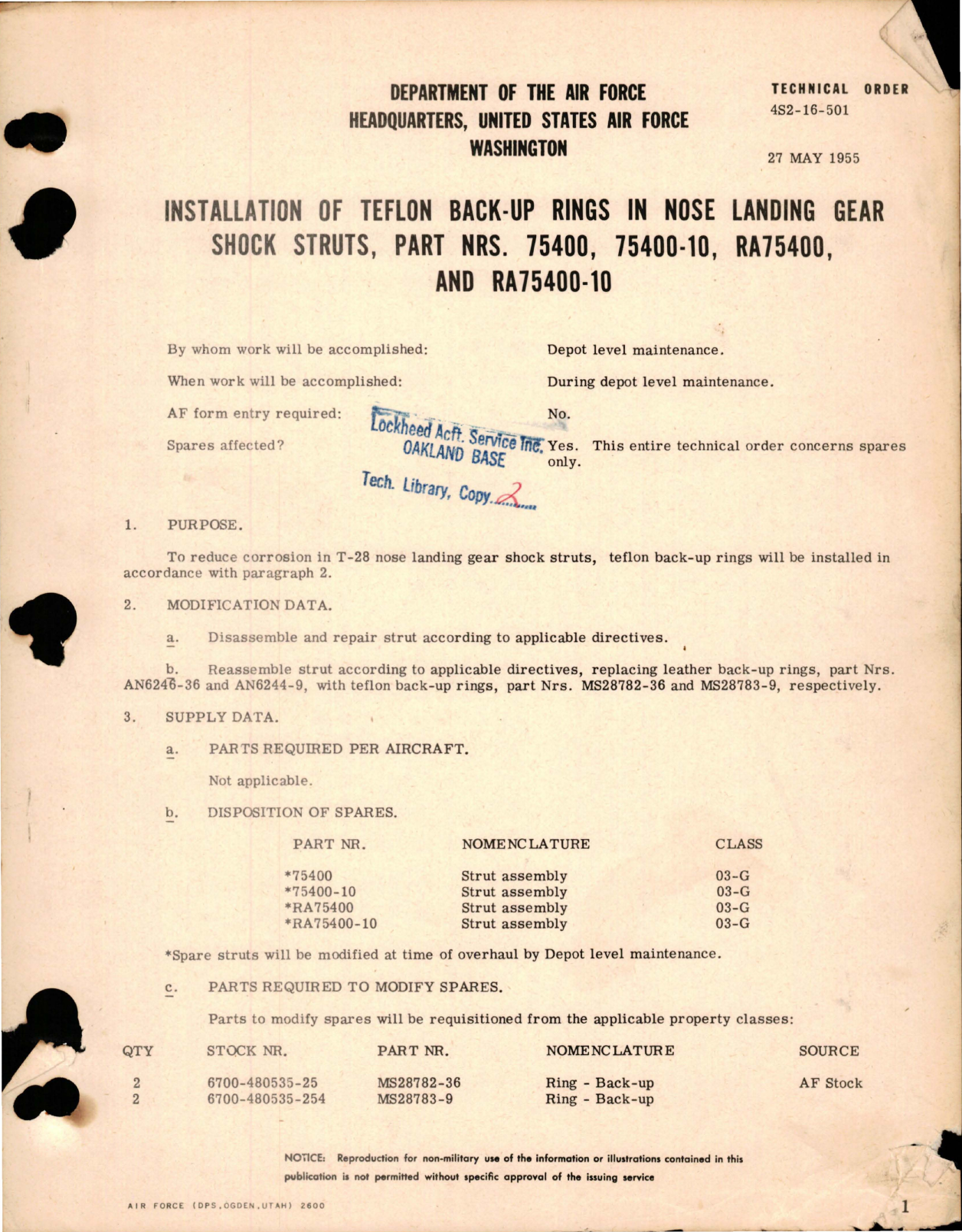 Sample page 1 from AirCorps Library document: Installation of Teflon Back-Up Rings in Nose Landing Gear Shock Struts - Parts 75400, 75400-10, RA75400, RA75400-10 for T-28