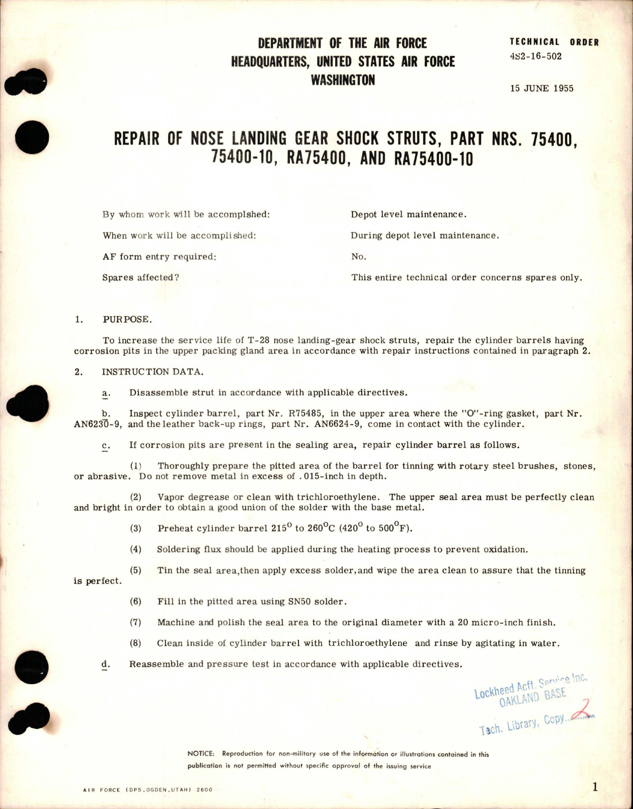 Sample page 1 from AirCorps Library document: Repair of Nose Landing Gear Shock Struts - Parts 75400, 75400-10, RA75400, and RA75400-10 for T-28