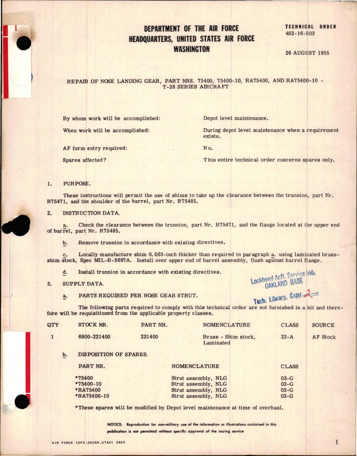 Sample page 1 from AirCorps Library document: Repair of Nose Landing Gear - Parts 75400, 75400-10, RA75400, and RA75400-10 for T-28