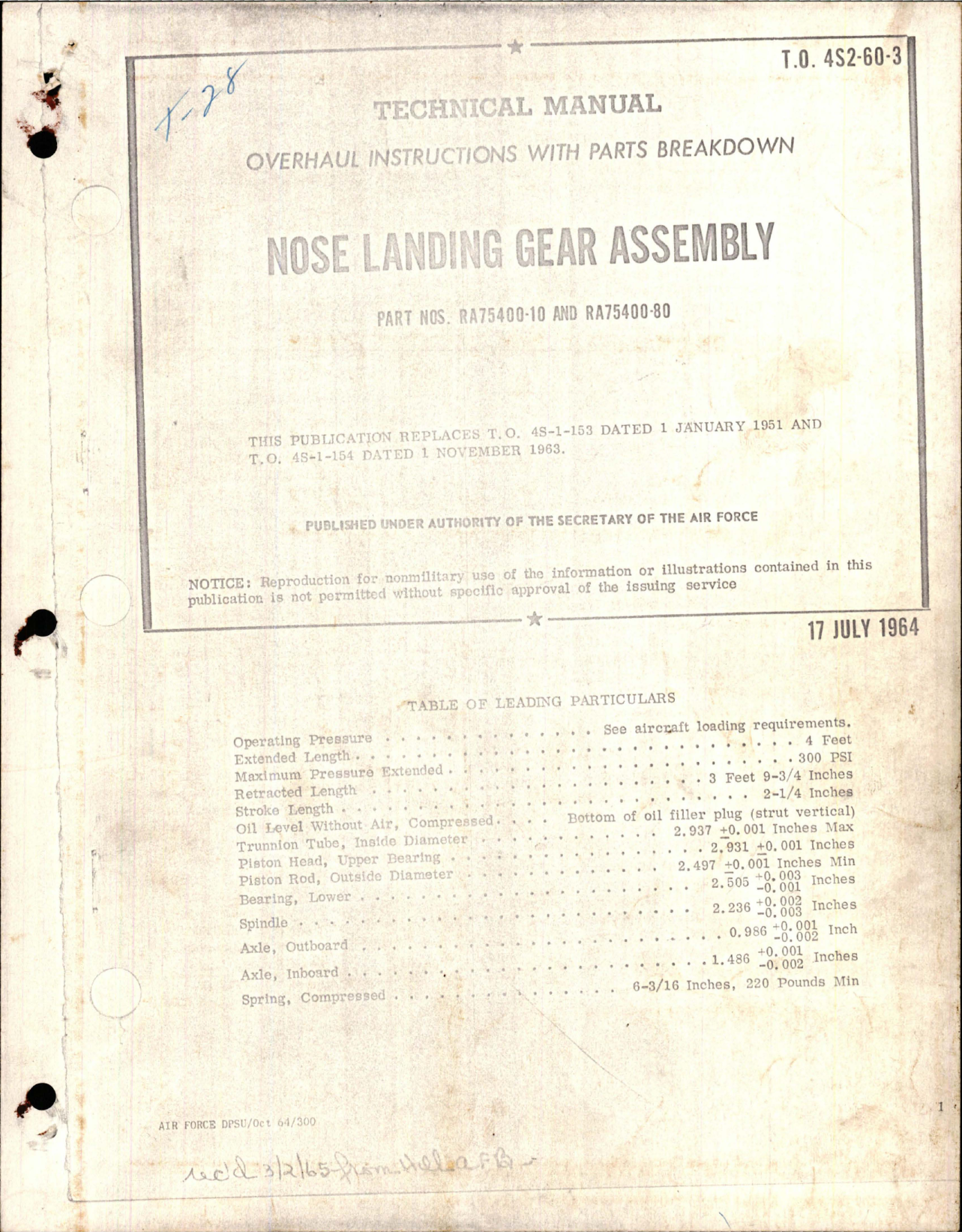 Sample page 1 from AirCorps Library document: Overhaul Instructions with Parts Breakdown for Nose Landing Gear Assembly - Parts RA75400-10 and RA75400-80