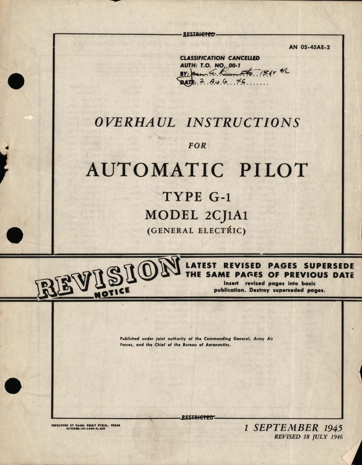 Sample page 1 from AirCorps Library document: Overhaul Instructions for Automatic Pilot Type G-1 Model 2CJ1A1 