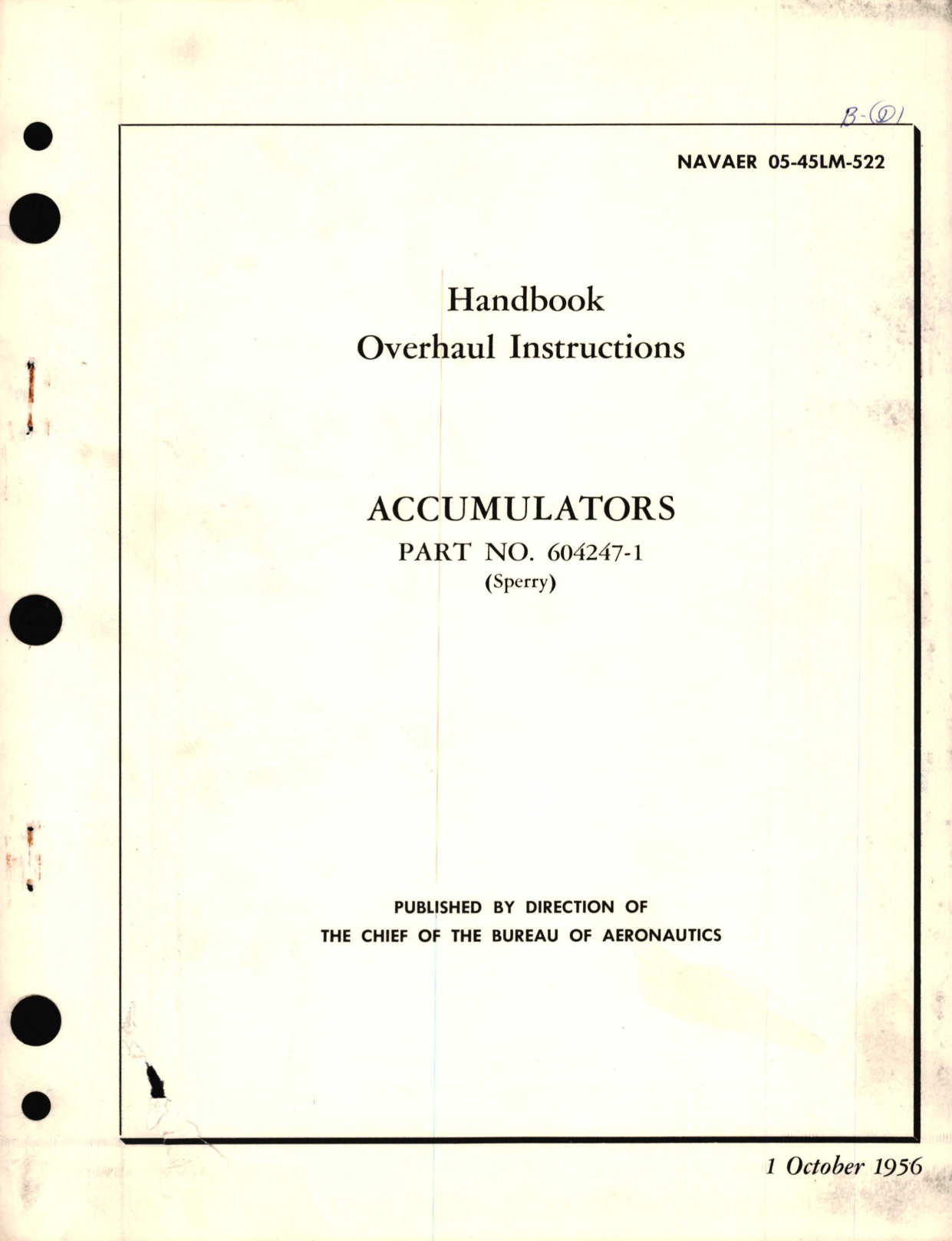 Sample page 1 from AirCorps Library document: Overhaul Instructions for Accumulators Part No. 604247-1 